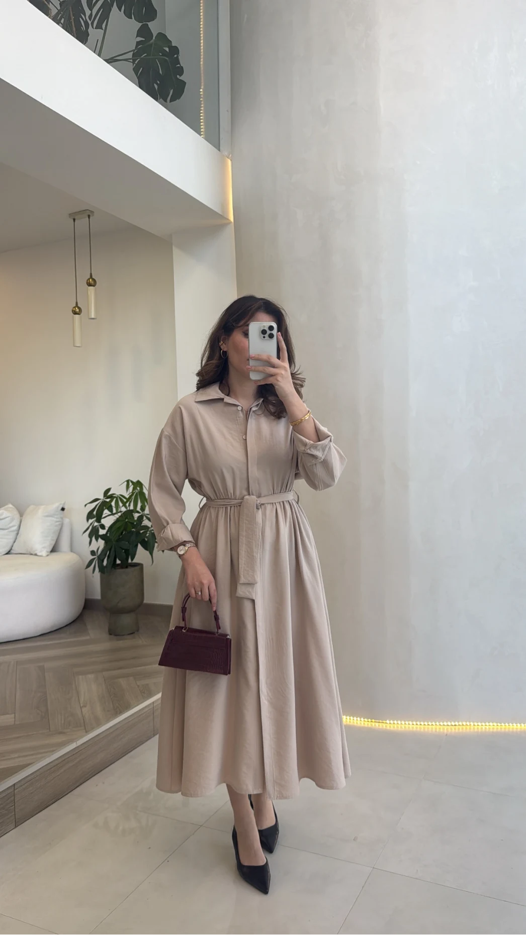 Colosseum Kuşaklı Beli Lastik Detay Düğmeli Elbise - Taş - Kod: 3079