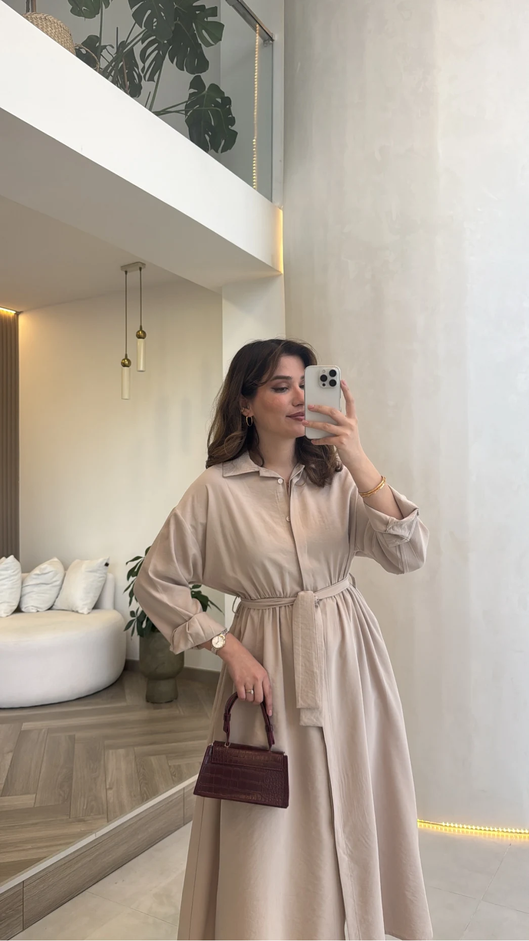 Colosseum Kuşaklı Beli Lastik Detay Düğmeli Elbise - Taş - Kod: 3079