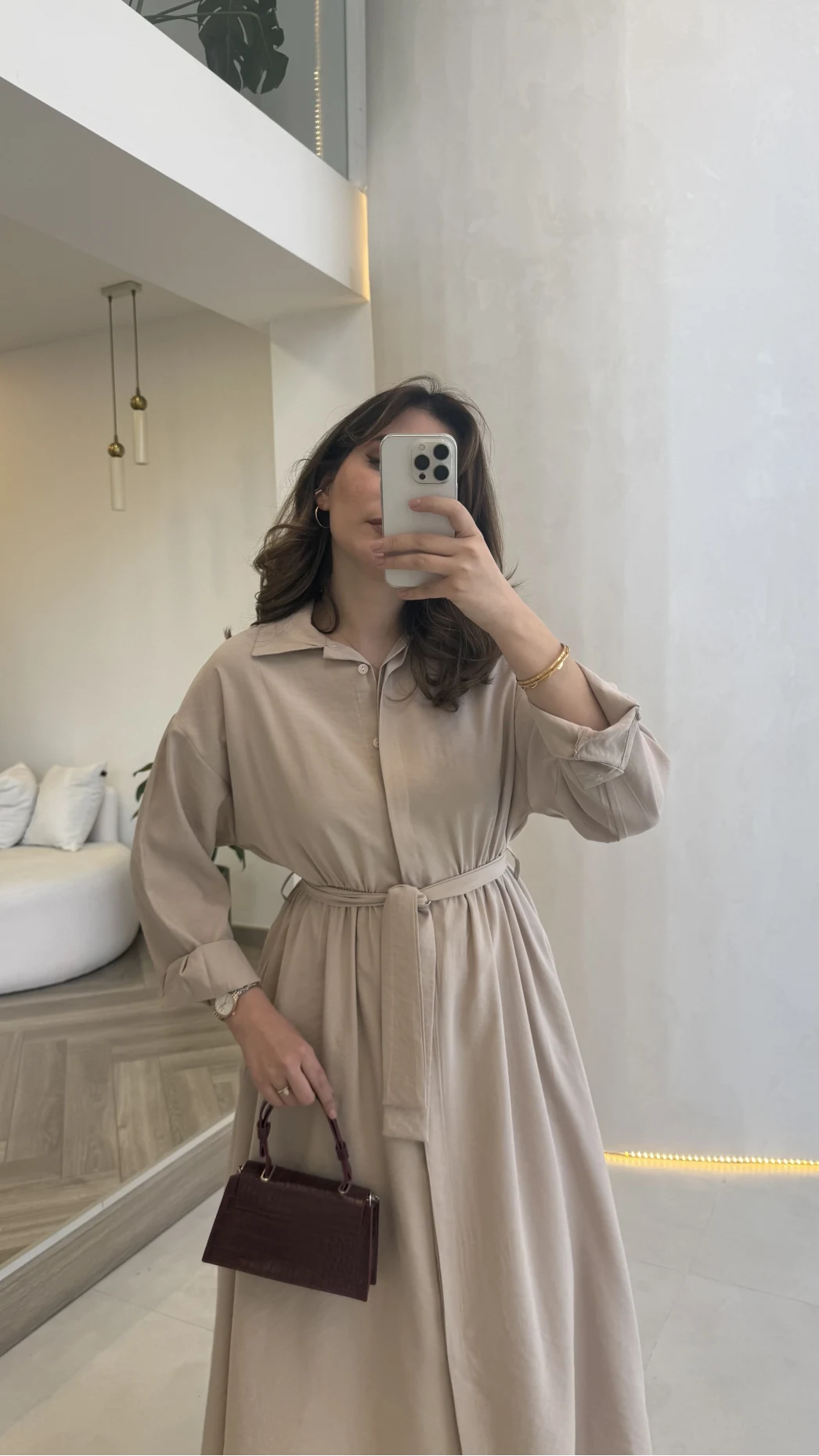 Colosseum Kuşaklı Beli Lastik Detay Düğmeli Elbise - Taş - Kod: 3079