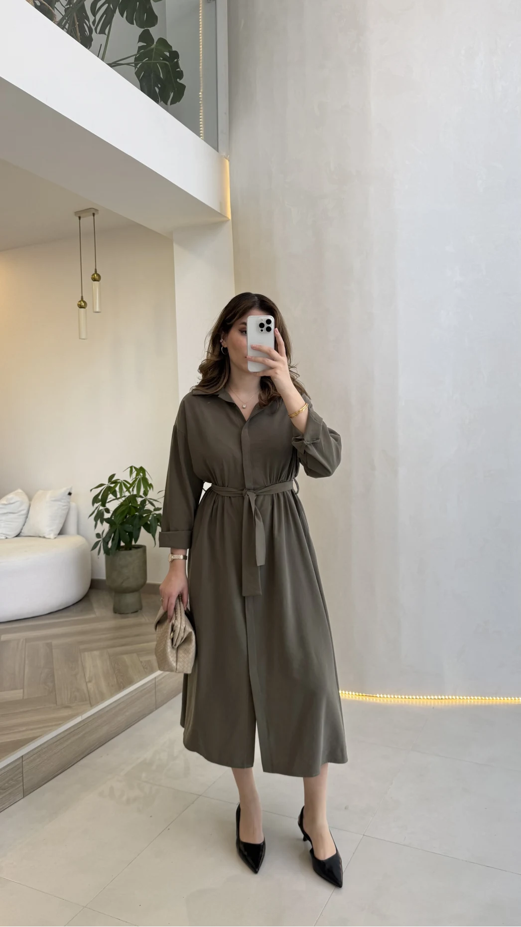 Colosseum Kuşaklı Beli Lastik Detay Düğmeli Elbise - Haki - Kod: 3079