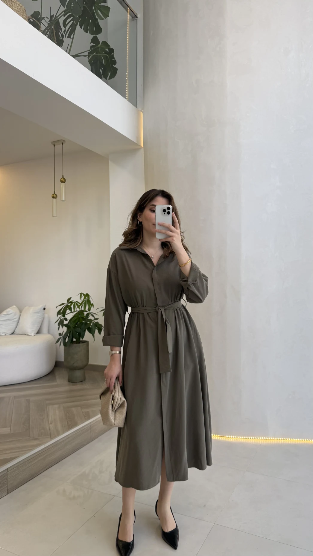 Colosseum Kuşaklı Beli Lastik Detay Düğmeli Elbise - Haki - Kod: 3079