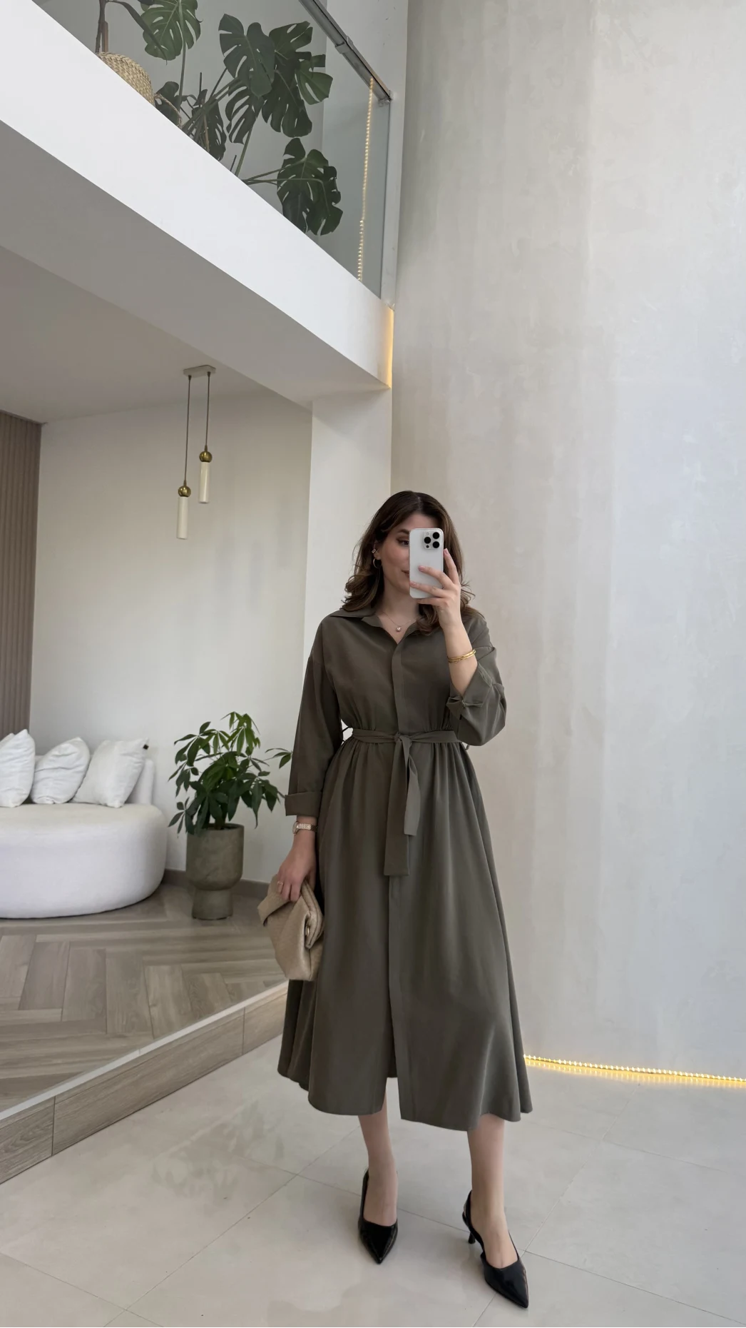 Colosseum Kuşaklı Beli Lastik Detay Düğmeli Elbise - Haki - Kod: 3079