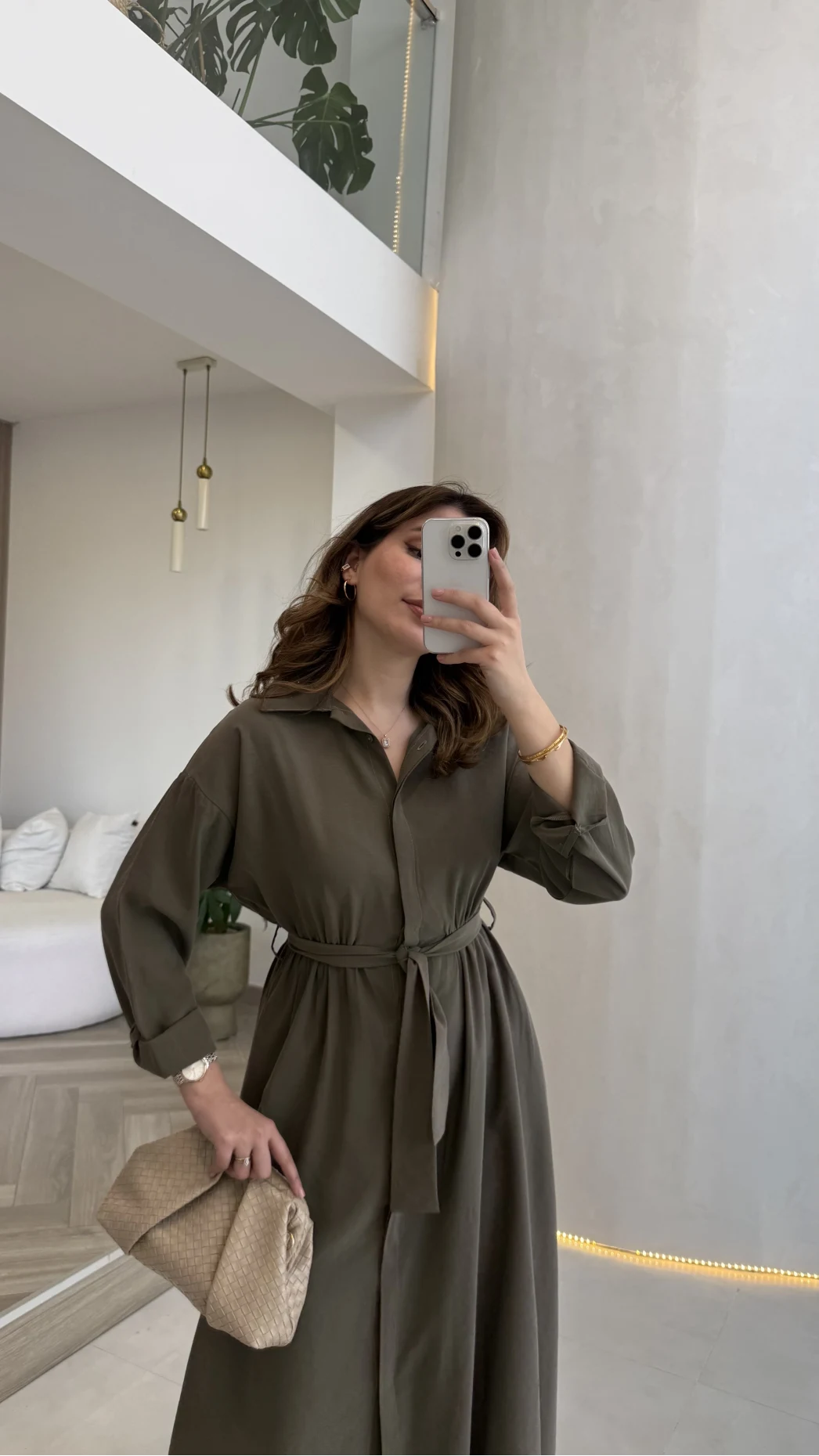 Colosseum Kuşaklı Beli Lastik Detay Düğmeli Elbise - Haki - Kod: 3079