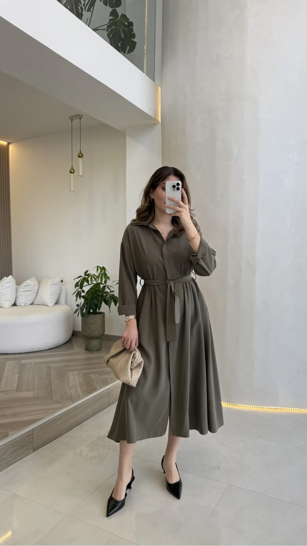 Colosseum Kuşaklı Beli Lastik Detay Düğmeli Elbise - Haki - Kod: 3079