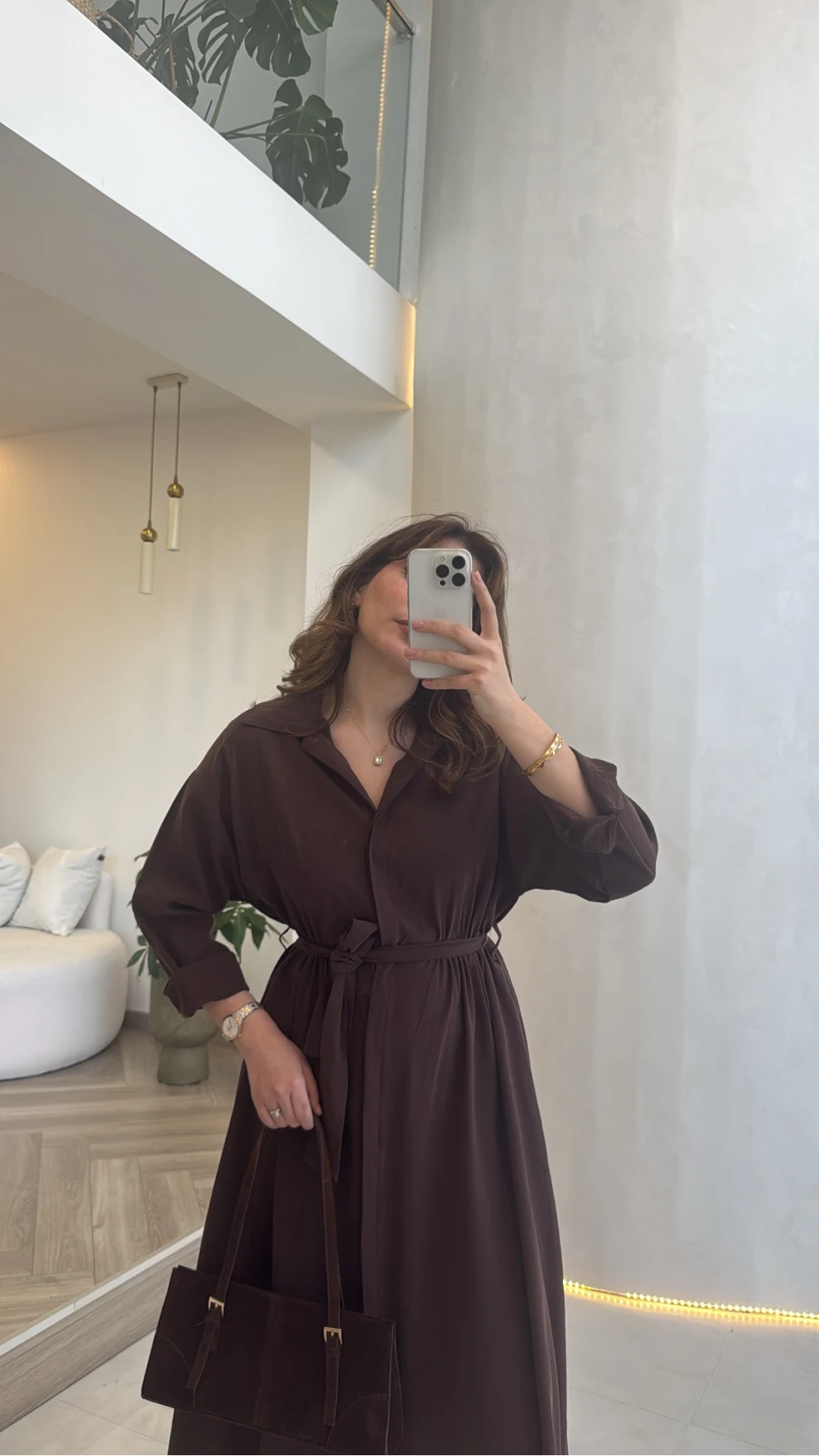 Colosseum Kuşaklı Beli Lastik Detay Düğmeli Elbise - Kahverengi - Kod: 3079