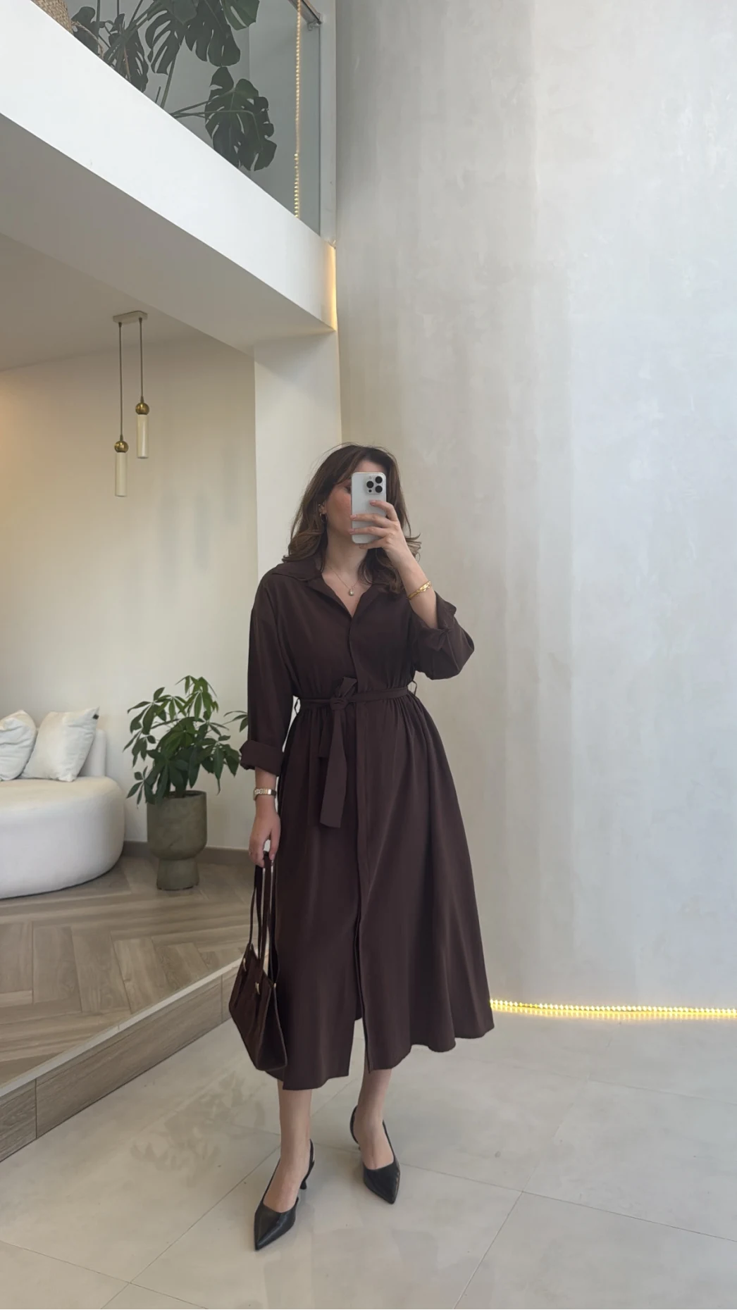 Colosseum Kuşaklı Beli Lastik Detay Düğmeli Elbise - Kahverengi - Kod: 3079