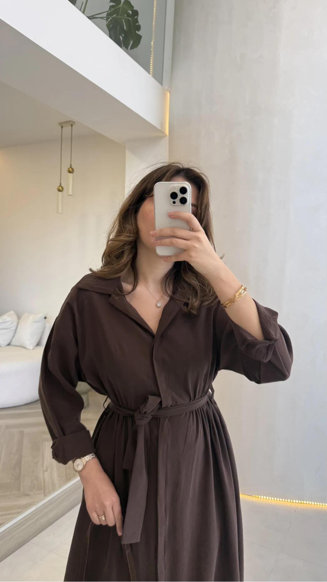 Colosseum Kuşaklı Beli Lastik Detay Düğmeli Elbise - Kahverengi - Kod: 3079