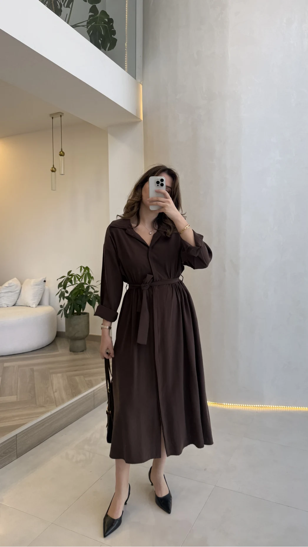 Colosseum Kuşaklı Beli Lastik Detay Düğmeli Elbise - Kahverengi - Kod: 3079