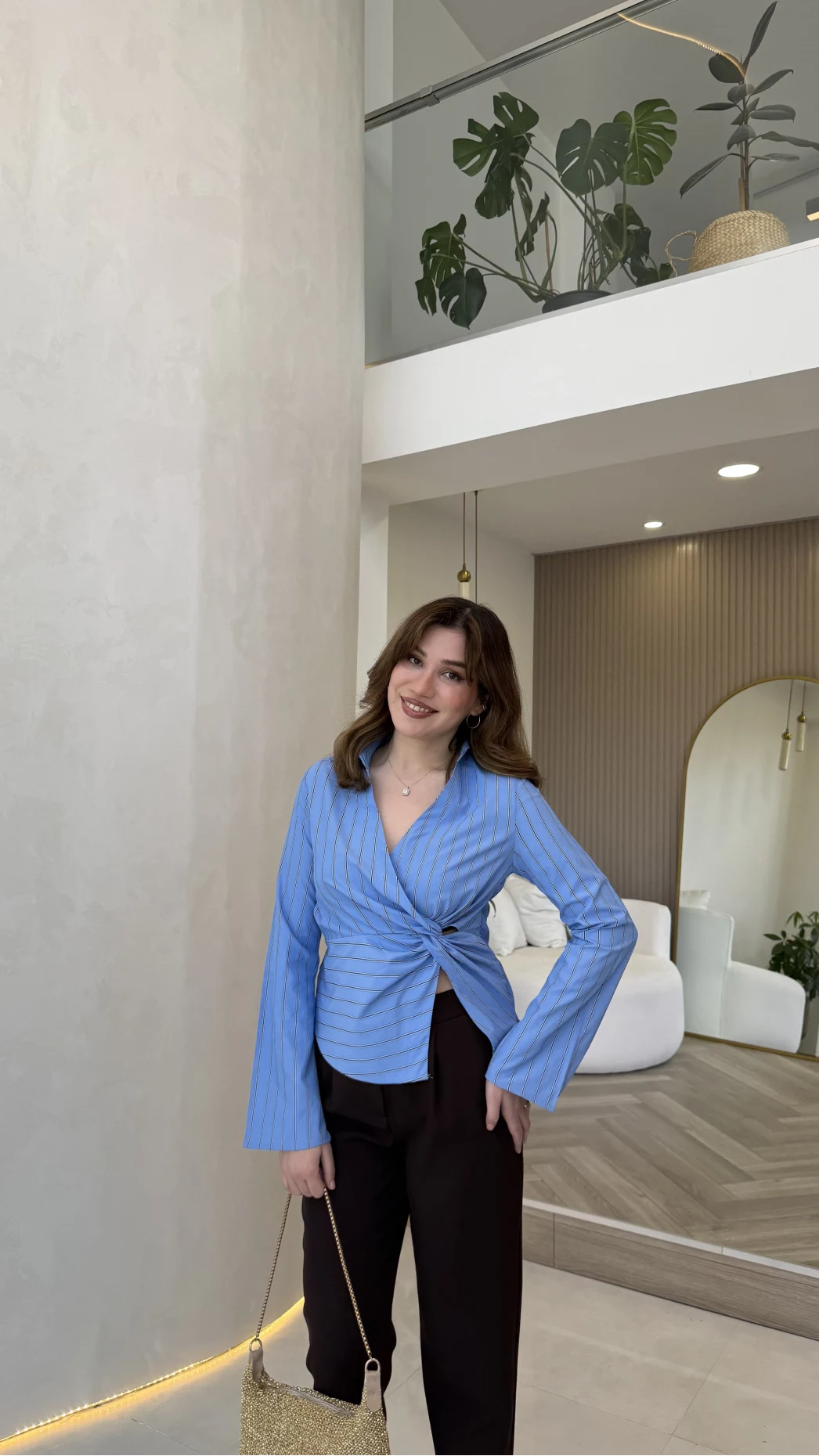 Bologna Bel Detay Çizgili Gömlek - Mavi - Kod: 580785