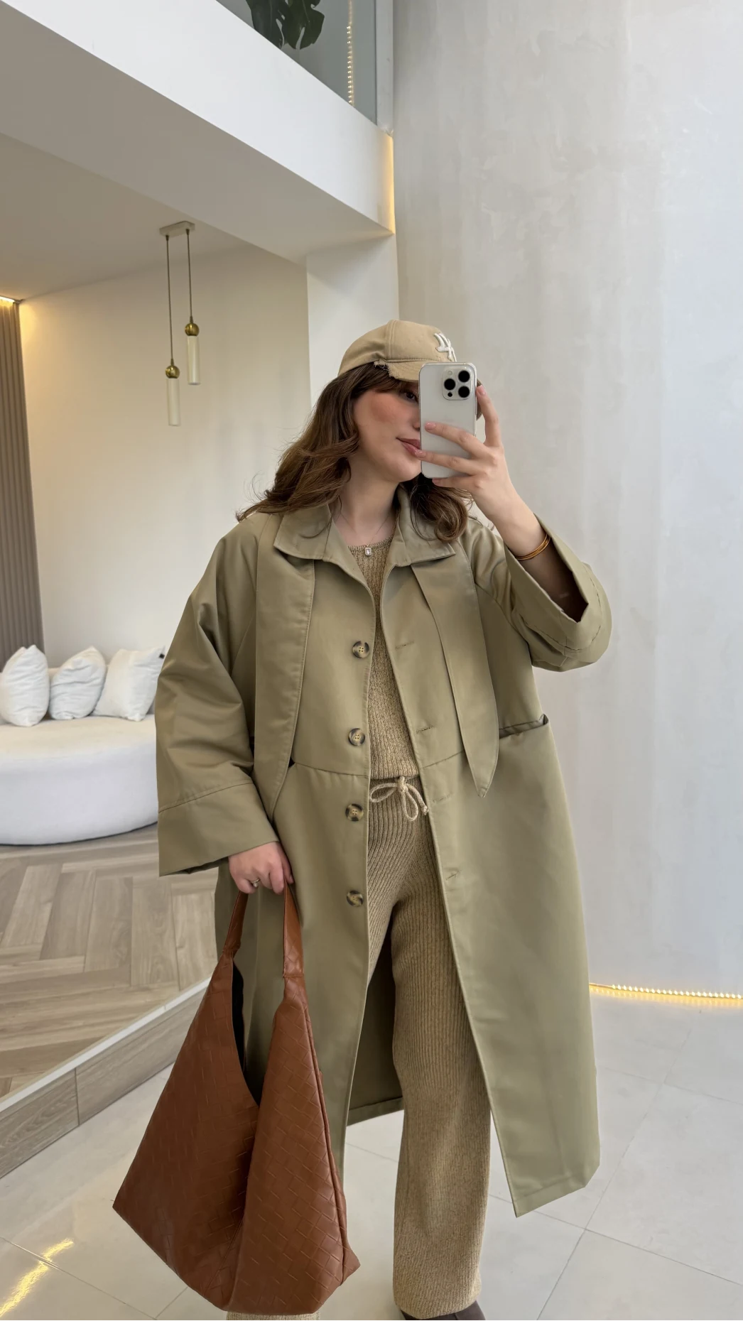 Fularlı Yırtmaç Detay Trençkot - Haki - Kod: 600