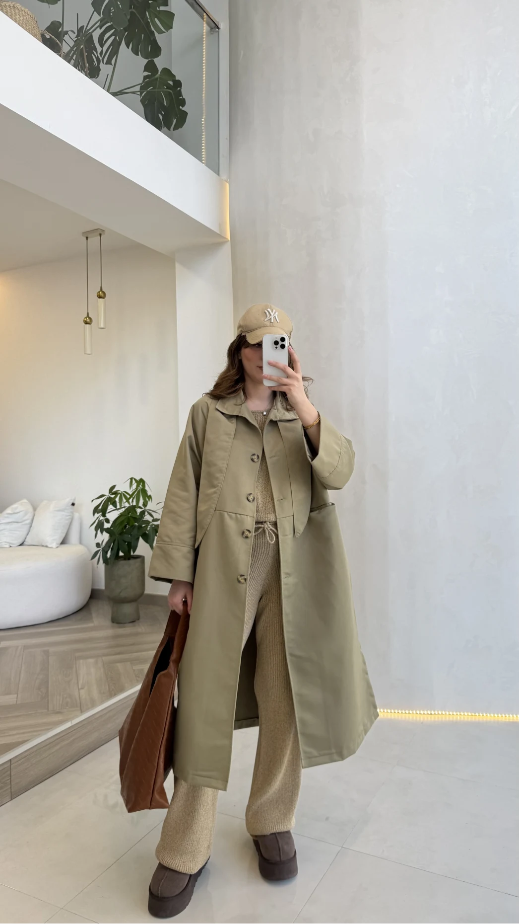 Fularlı Yırtmaç Detay Trençkot - Haki - Kod: 600