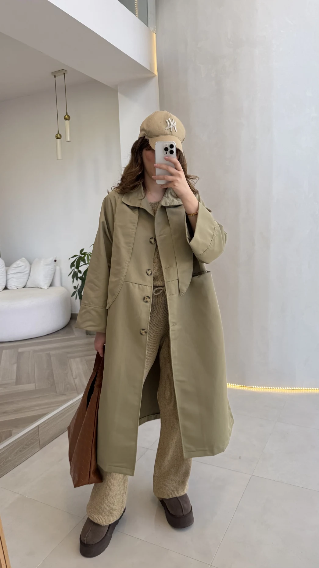 Fularlı Yırtmaç Detay Trençkot - Haki - Kod: 600