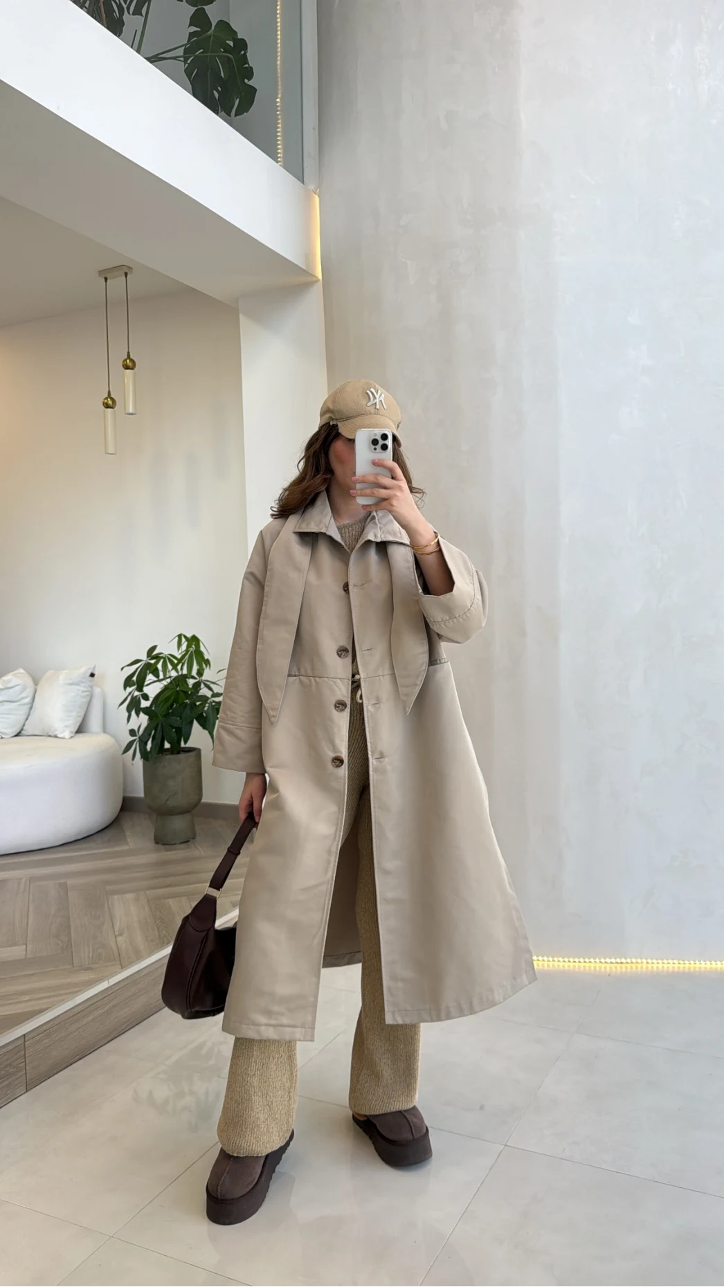 Fularlı Yırtmaç Detay Trençkot - Taş - Kod: 600