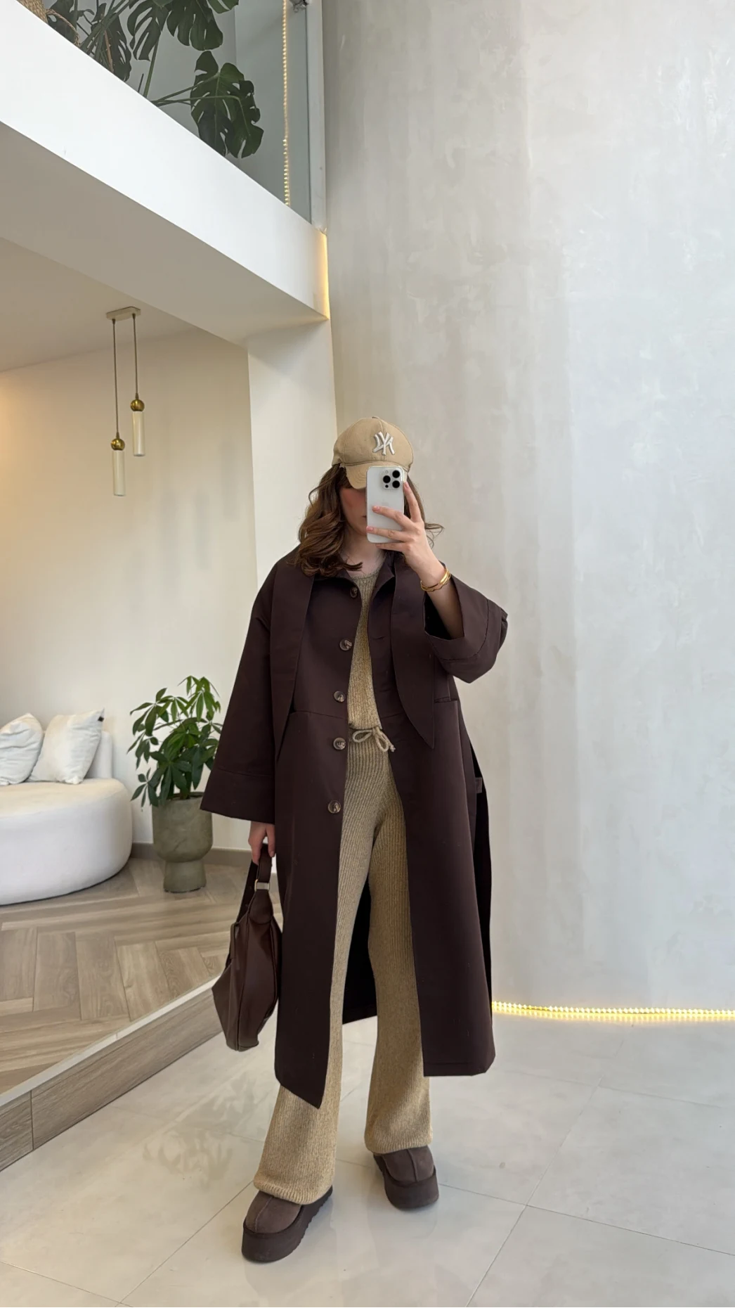 Fularlı Yırtmaç Detay Trençkot - Kahve - Kod: 600