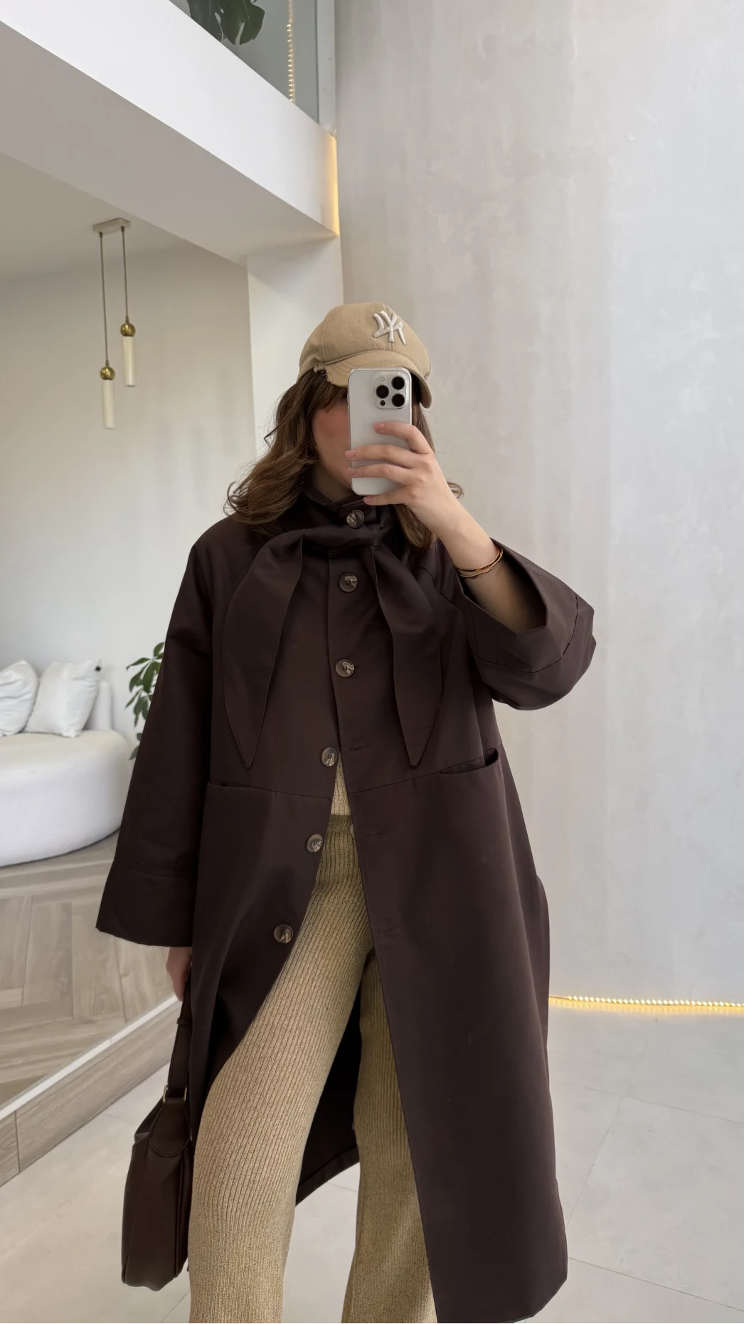 Fularlı Yırtmaç Detay Trençkot - Kahve - Kod: 600