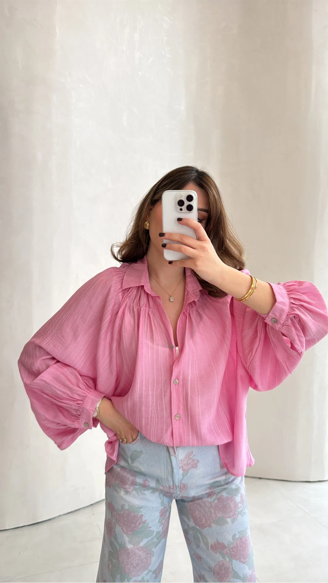 Sweden Yakası Gipeli Balon Kol V Yaka Çizgili Gömlek - Pembe - Kod: 580768