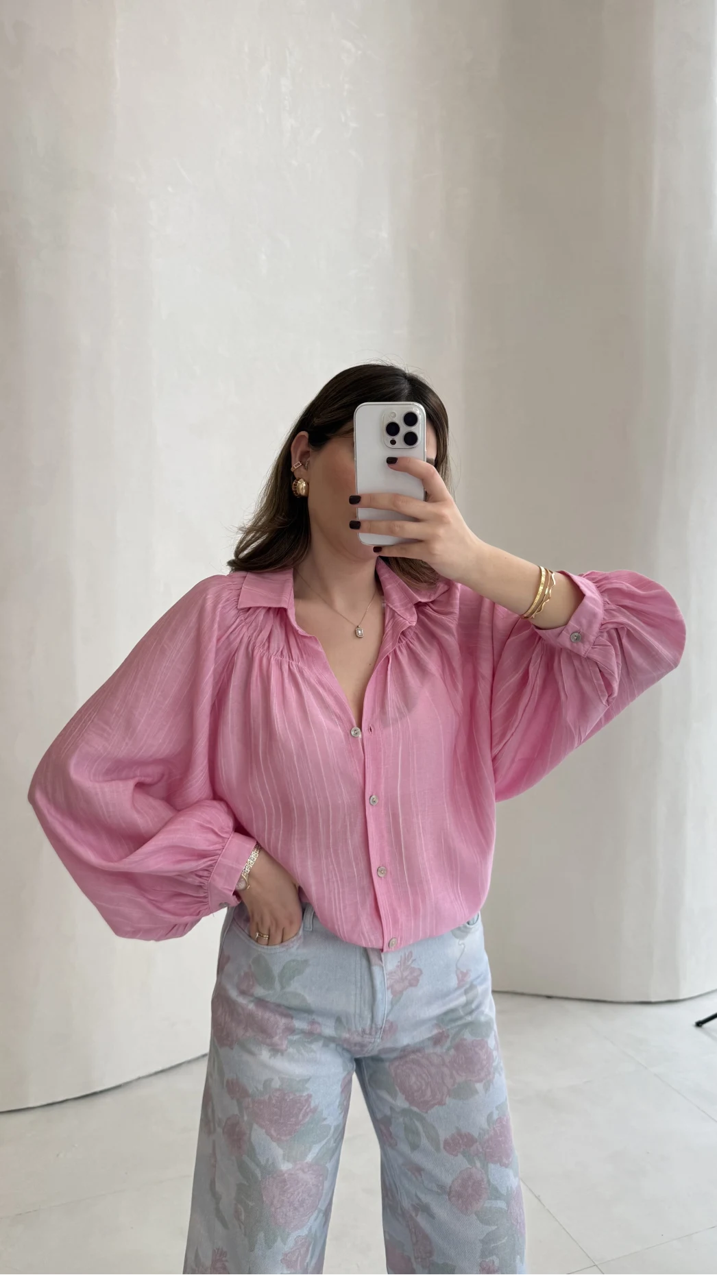 Sweden Yakası Gipeli Balon Kol V Yaka Çizgili Gömlek - Pembe - Kod: 580768