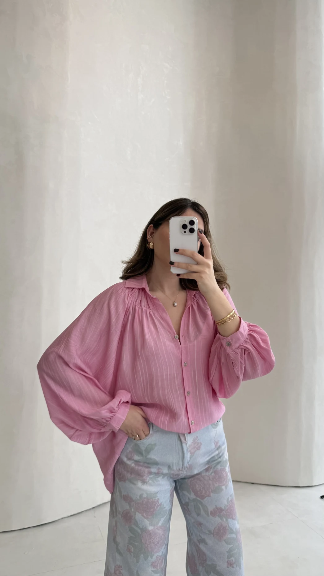 Sweden Yakası Gipeli Balon Kol V Yaka Çizgili Gömlek - Pembe - Kod: 580768