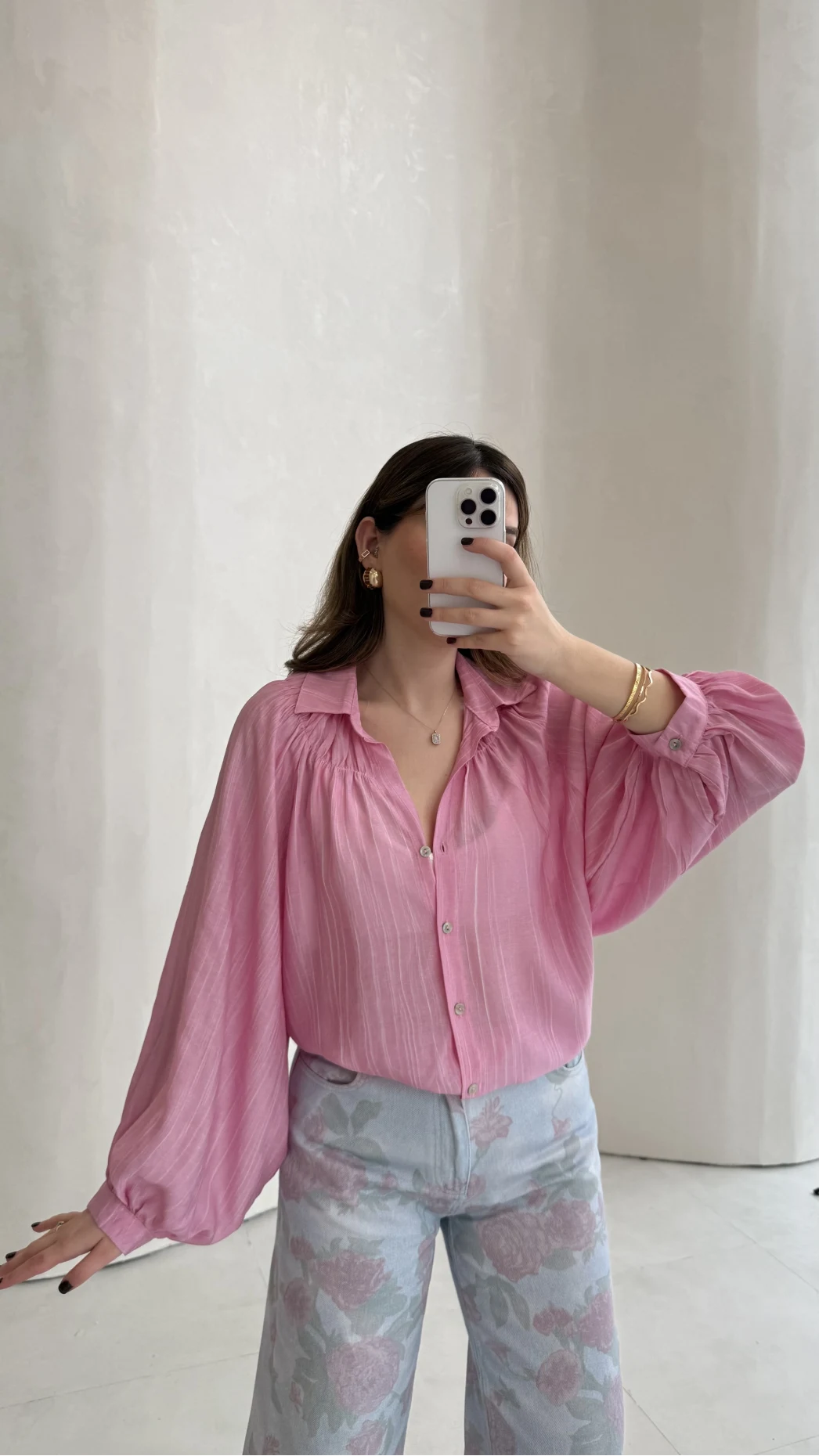 Sweden Yakası Gipeli Balon Kol V Yaka Çizgili Gömlek - Pembe - Kod: 580768