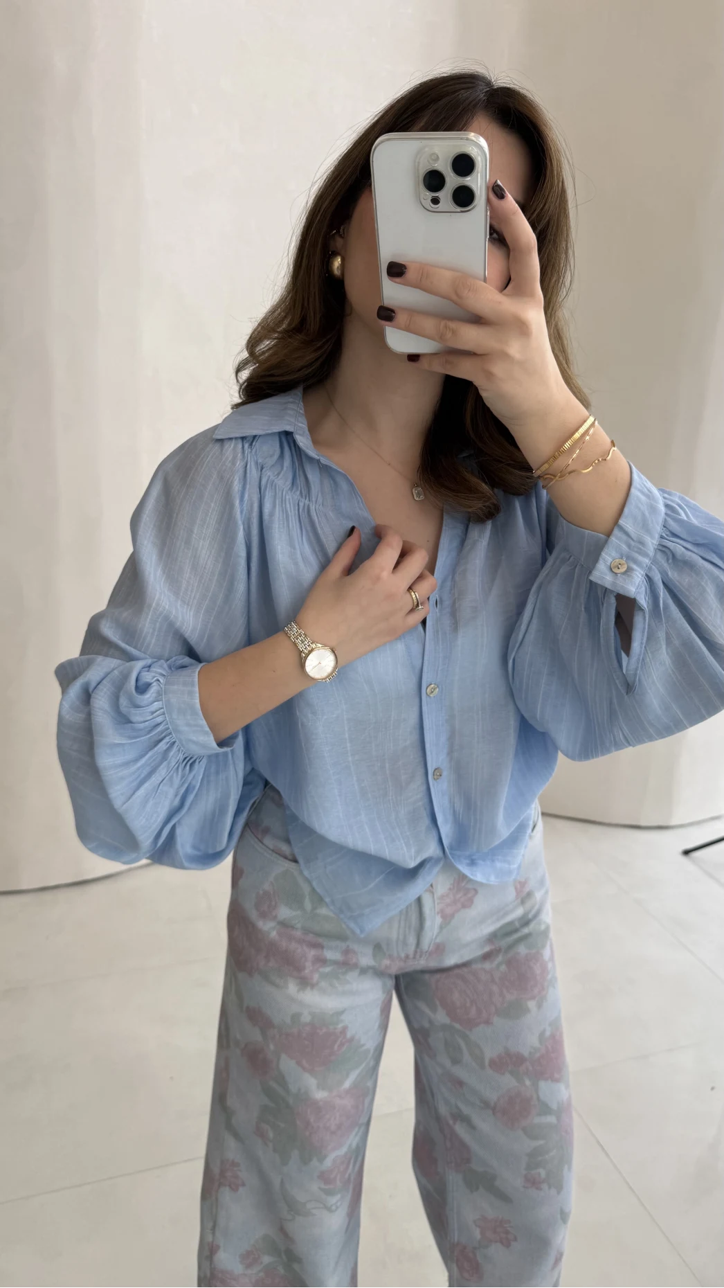 Sweden Yakası Gipeli Balon Kol V Yaka Çizgili Gömlek - Mavi - Kod: 580768