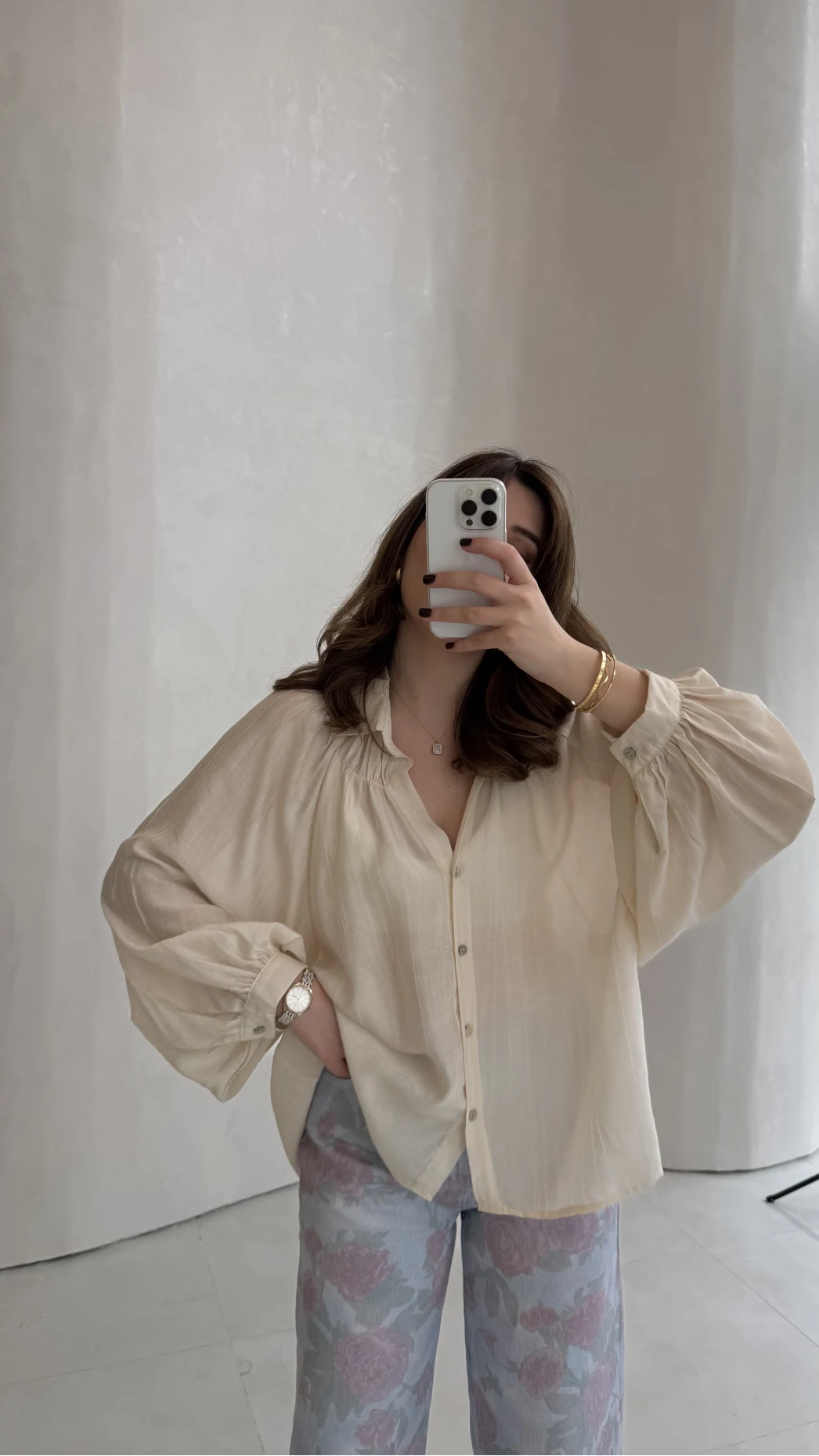 Sweden Yakası Gipeli Balon Kol V Yaka Çizgili Gömlek - Bej - Kod: 580768