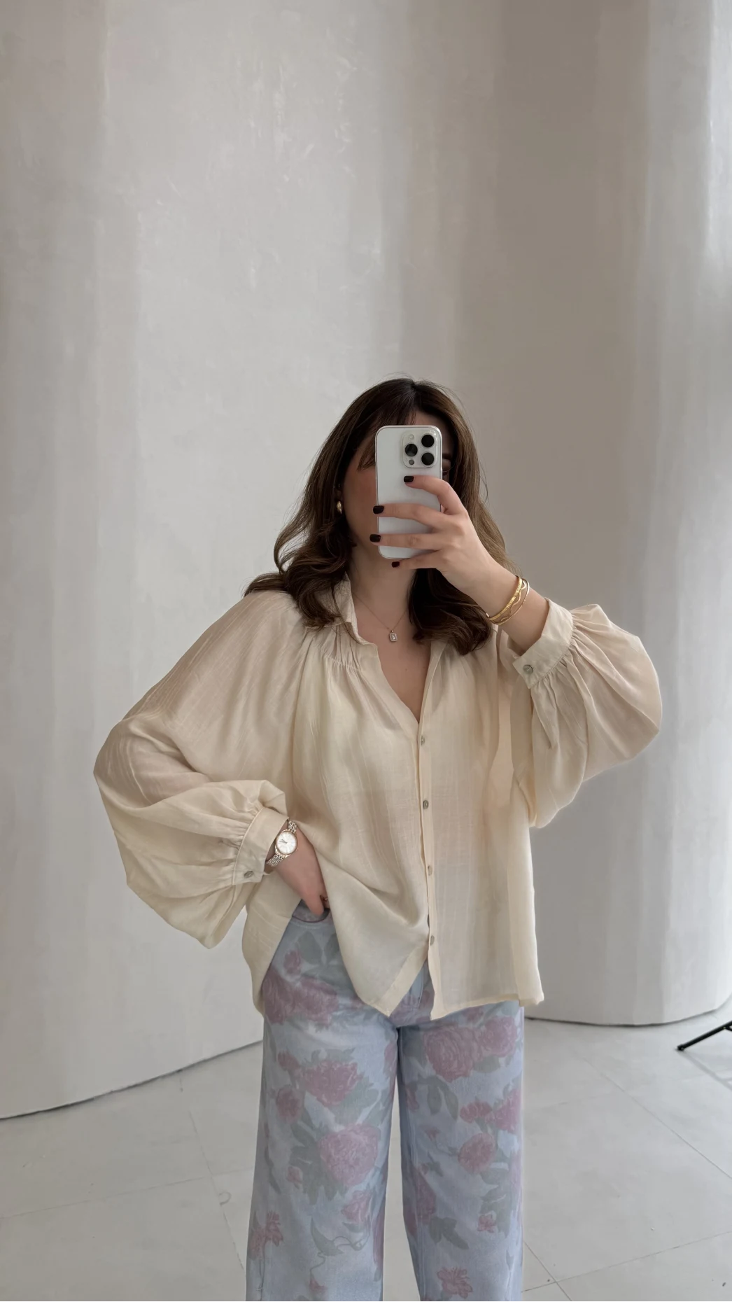 Sweden Yakası Gipeli Balon Kol V Yaka Çizgili Gömlek - Bej - Kod: 580768