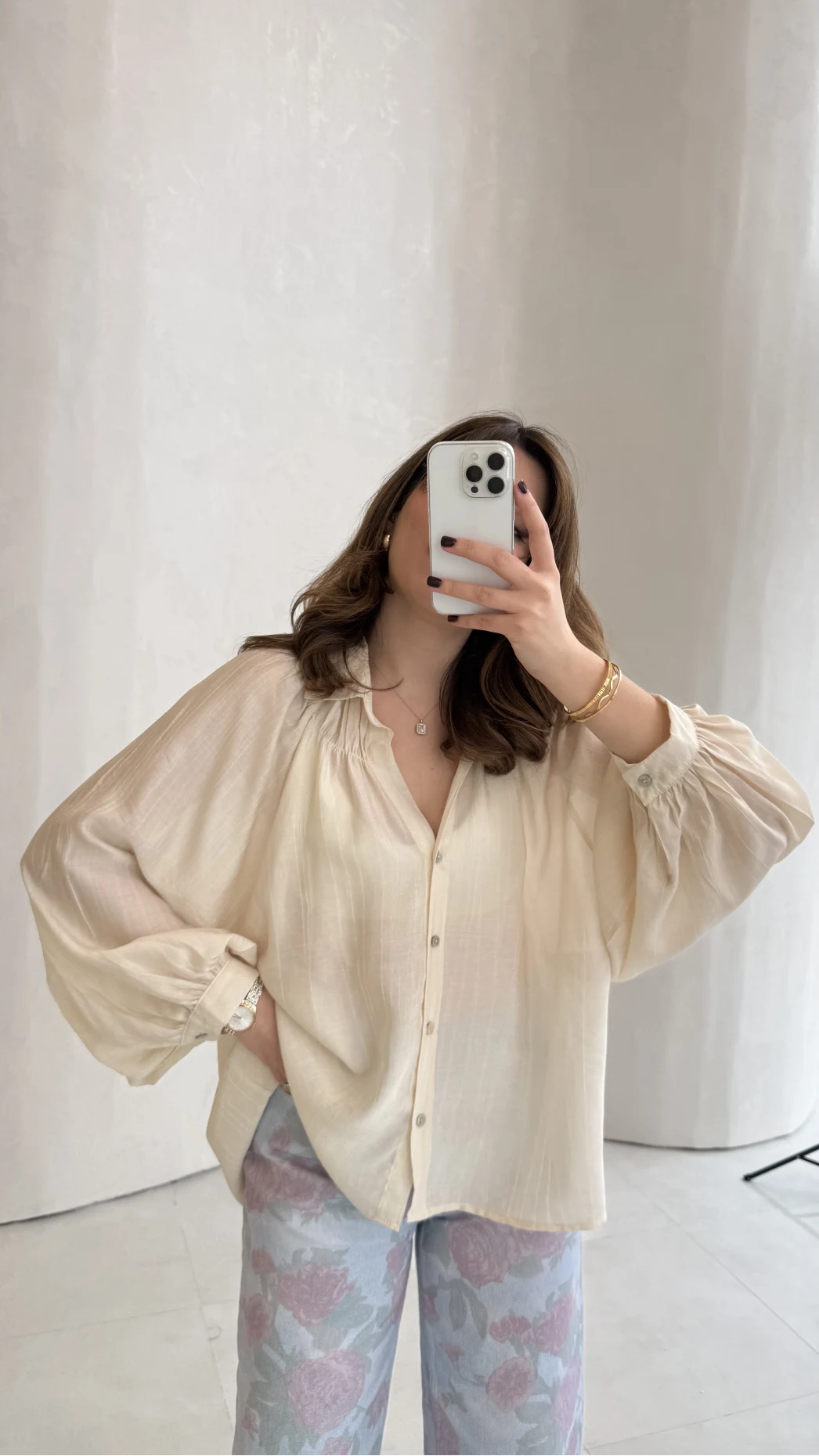 Sweden Yakası Gipeli Balon Kol V Yaka Çizgili Gömlek - Bej - Kod: 580768