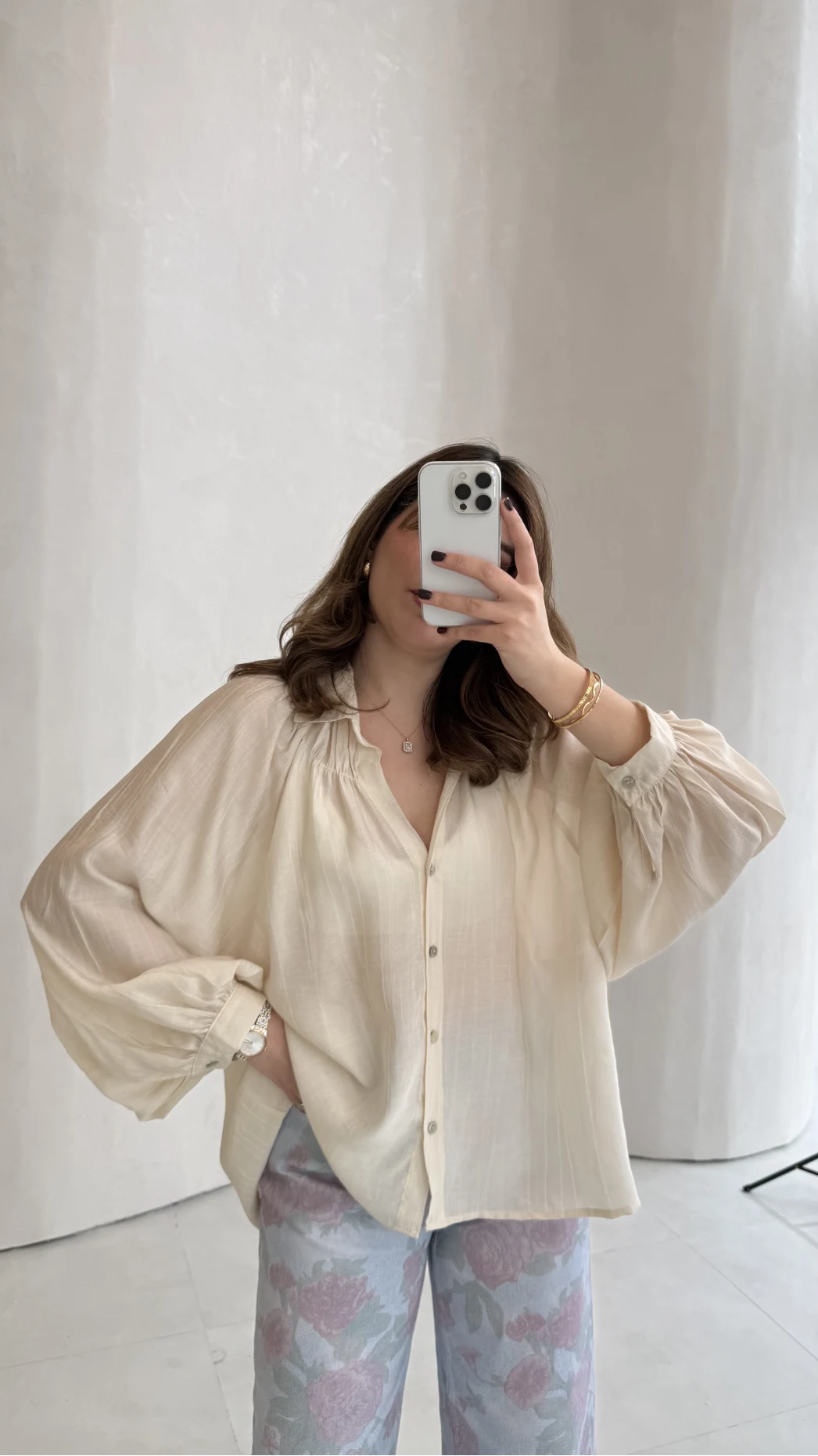 Sweden Yakası Gipeli Balon Kol V Yaka Çizgili Gömlek - Bej - Kod: 580768