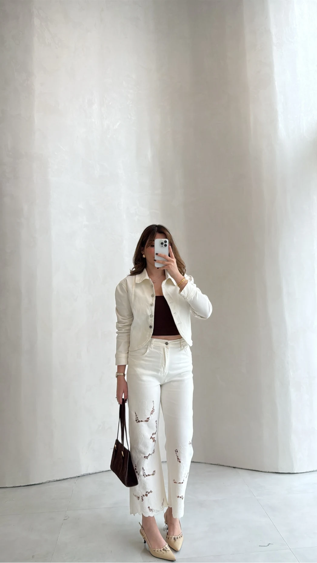 Ow Yüksek Bel Denim Nakışlı Pantolon - Ekru - Kod: 0904-1