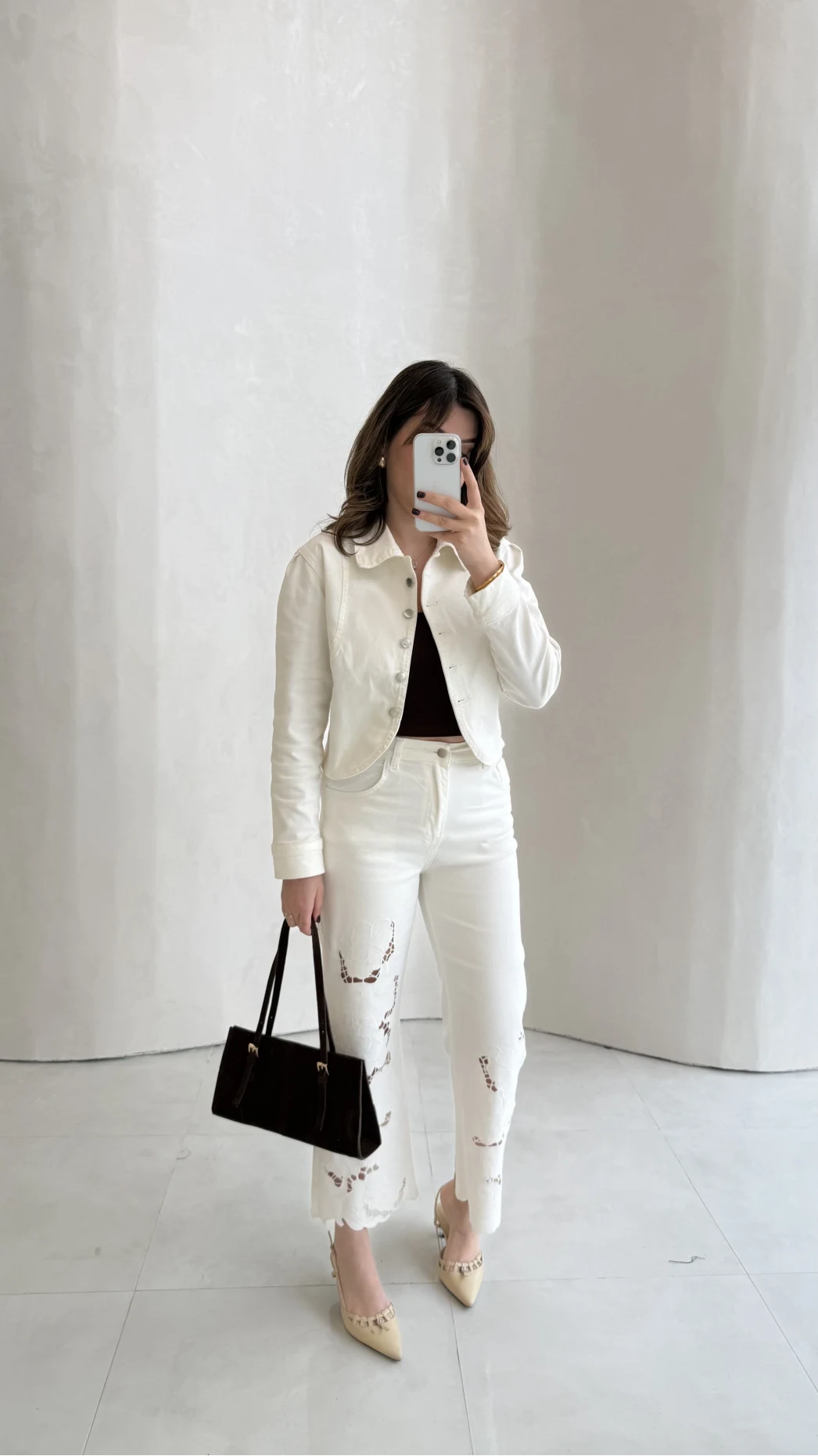 Ow Yüksek Bel Denim Nakışlı Pantolon - Ekru - Kod: 0904-1