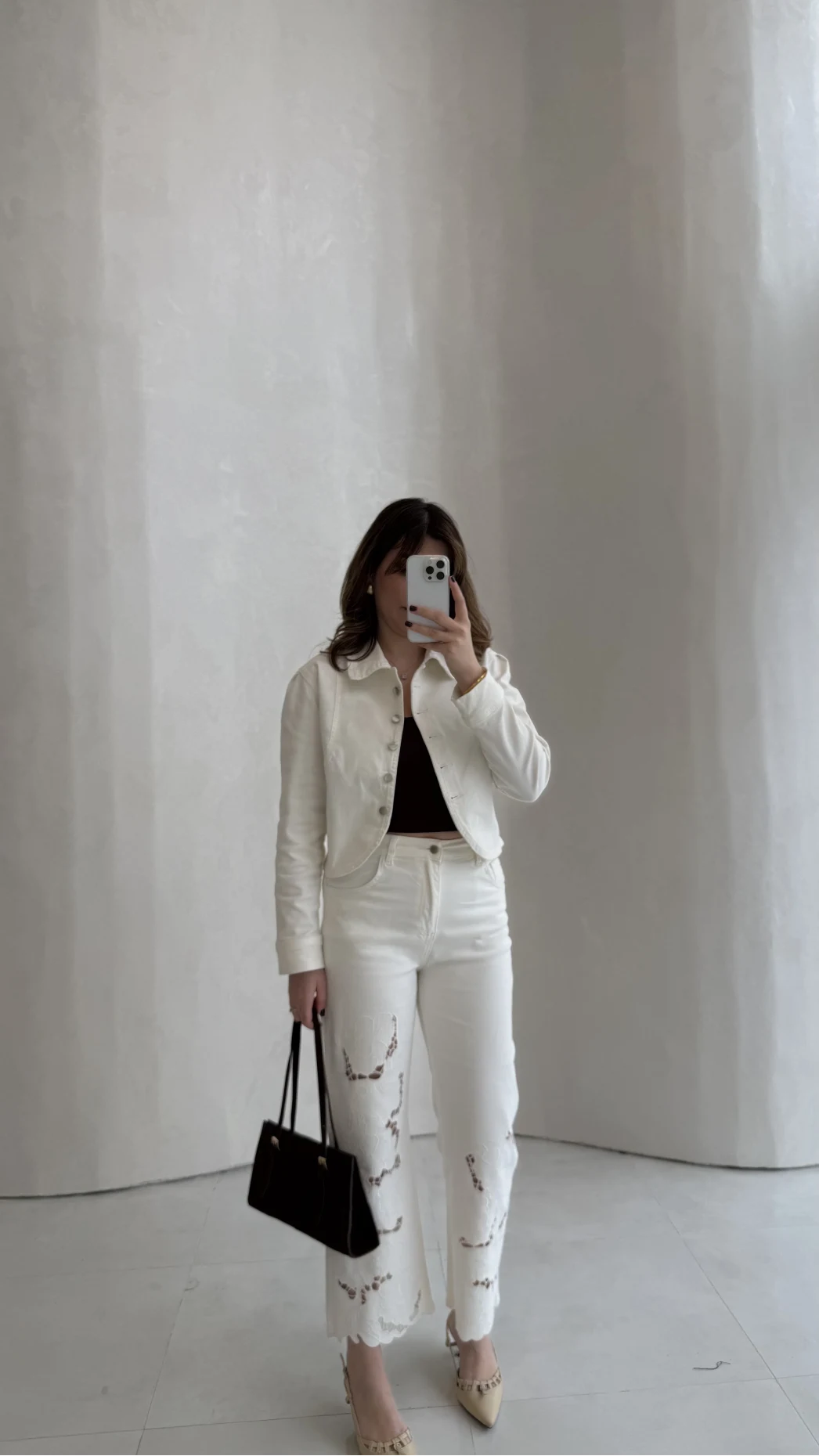 Ow Yüksek Bel Denim Nakışlı Pantolon - Ekru - Kod: 0904-1