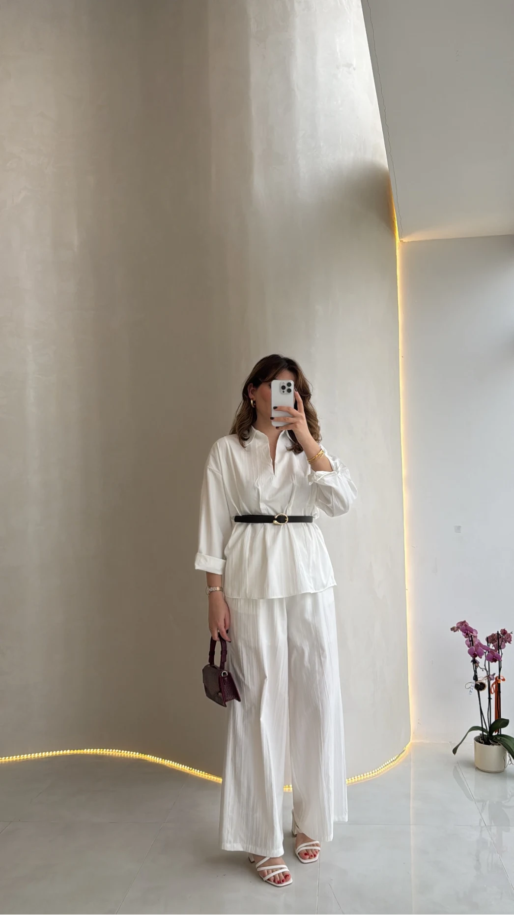 Kemerli Bel Detaylı Gömlek Pantolon Takım - Ekru - Kod: 58485