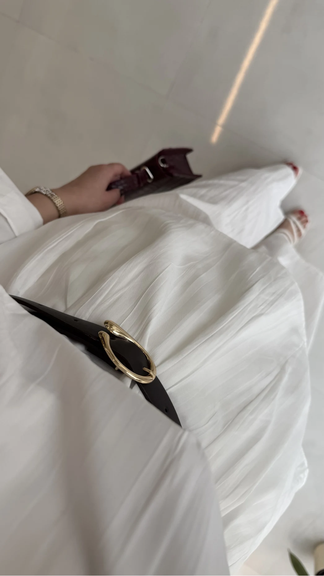 Kemerli Bel Detaylı Gömlek Pantolon Takım - Ekru - Kod: 58485