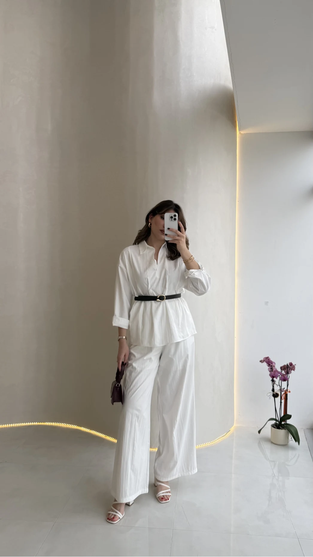 Kemerli Bel Detaylı Gömlek Pantolon Takım - Ekru - Kod: 58485