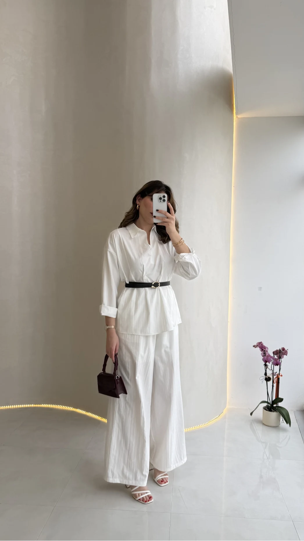 Kemerli Bel Detaylı Gömlek Pantolon Takım - Ekru - Kod: 58485