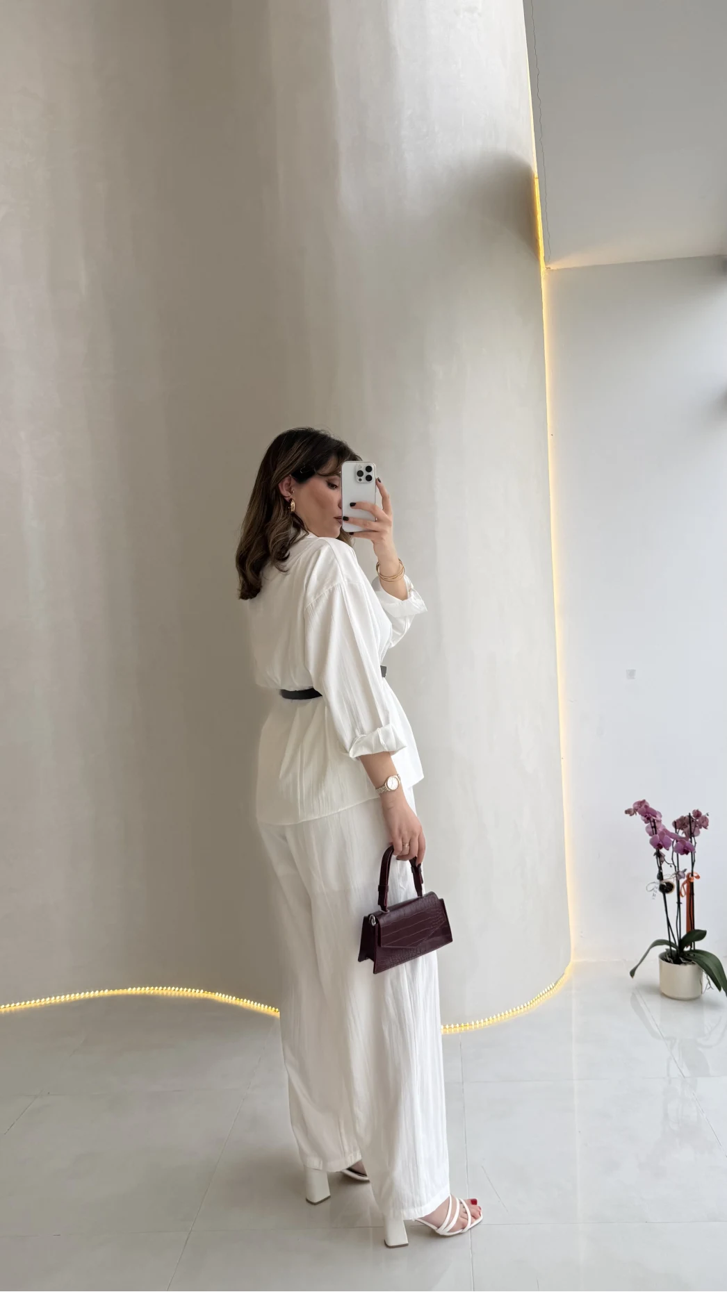 Kemerli Bel Detaylı Gömlek Pantolon Takım - Ekru - Kod: 58485