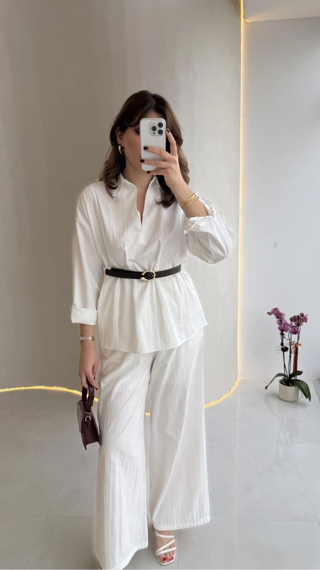 Kemerli Bel Detaylı Gömlek Pantolon Takım - Ekru - Kod: 58485