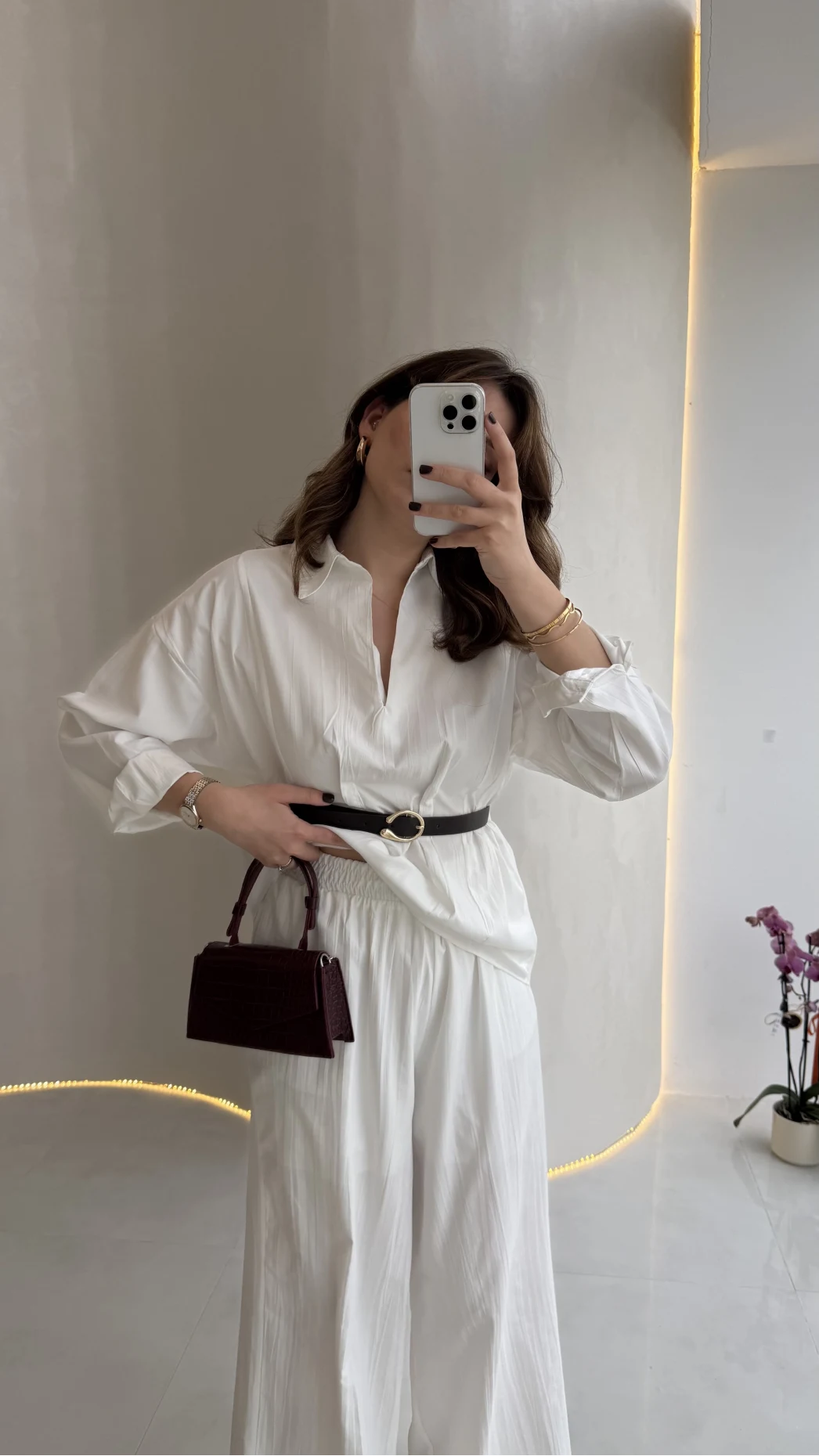 Kemerli Bel Detaylı Gömlek Pantolon Takım - Ekru - Kod: 58485