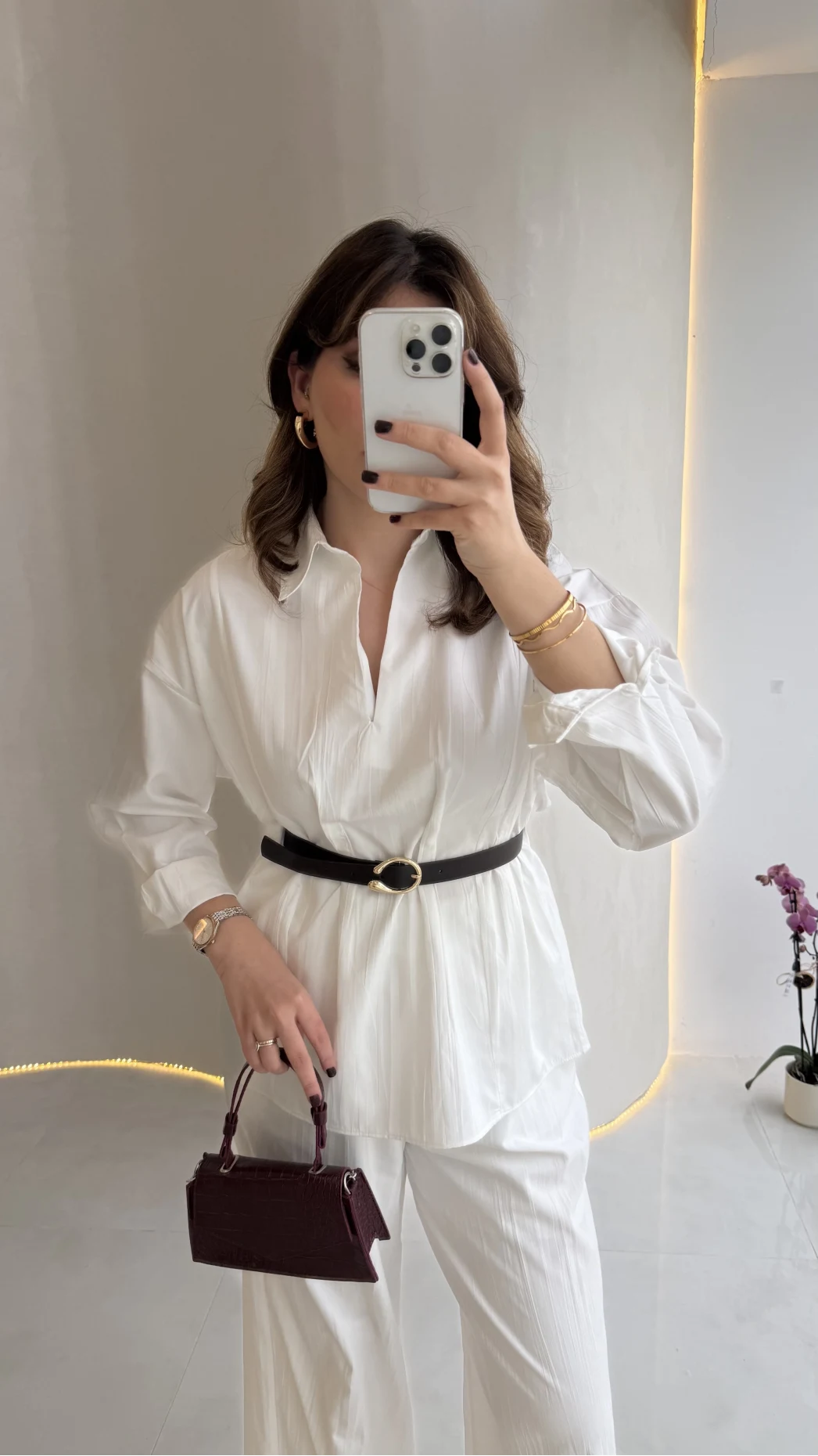 Kemerli Bel Detaylı Gömlek Pantolon Takım - Ekru - Kod: 58485