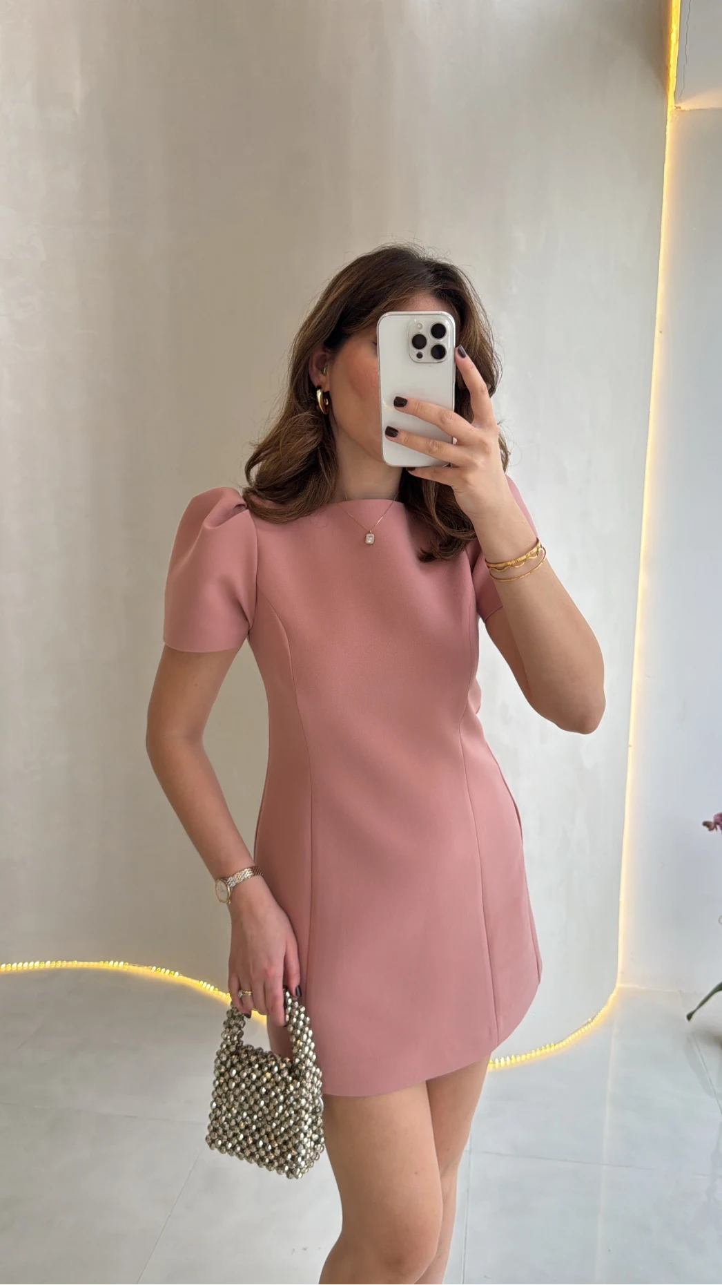 Amore Balon Kol Mini Elbise - Pudra - Kod: 041