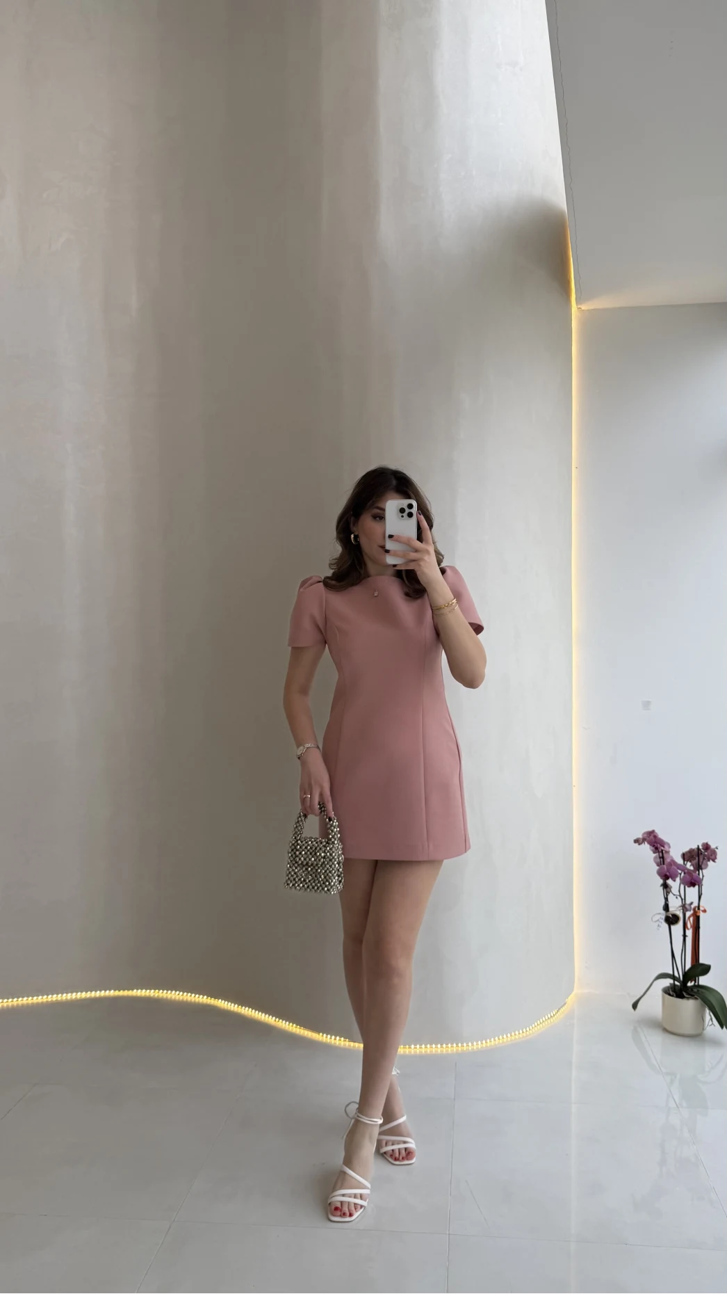 Amore Balon Kol Mini Elbise - Pudra - Kod: 041