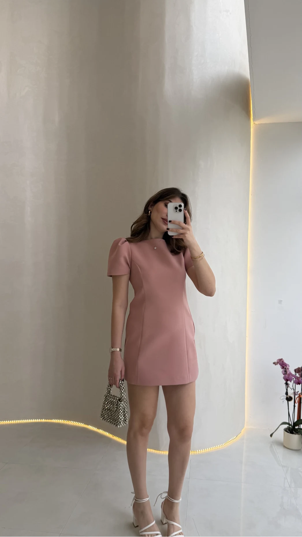 Amore Balon Kol Mini Elbise - Pudra - Kod: 041