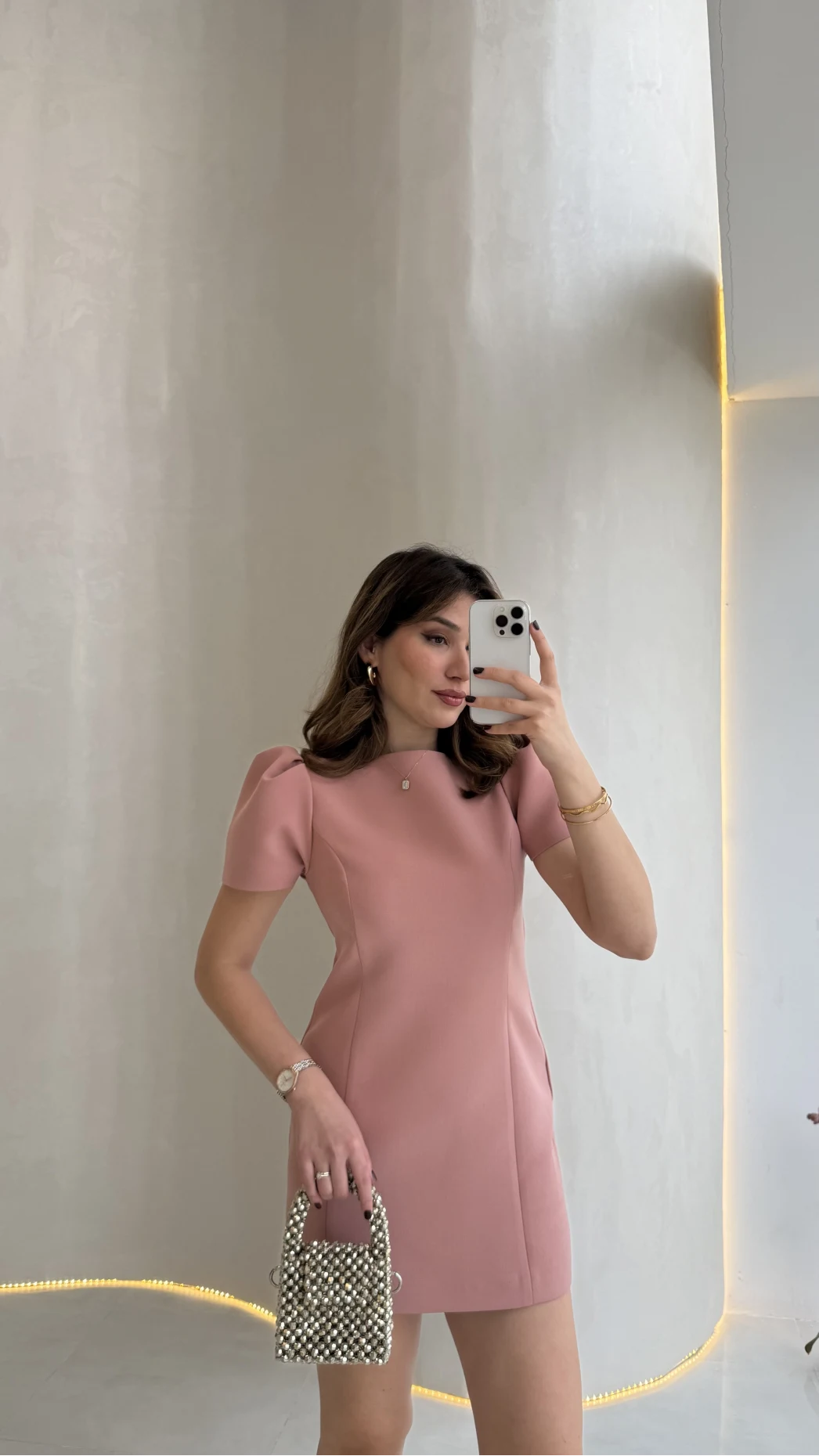 Amore Balon Kol Mini Elbise - Pudra - Kod: 041