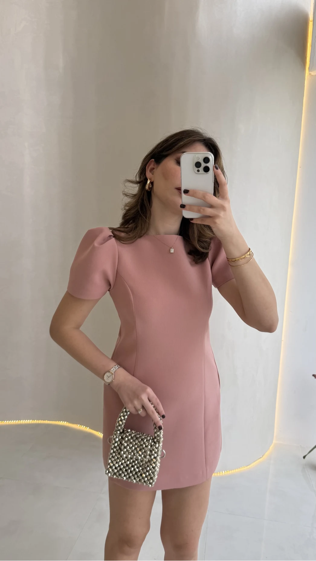 Amore Balon Kol Mini Elbise - Pudra - Kod: 041