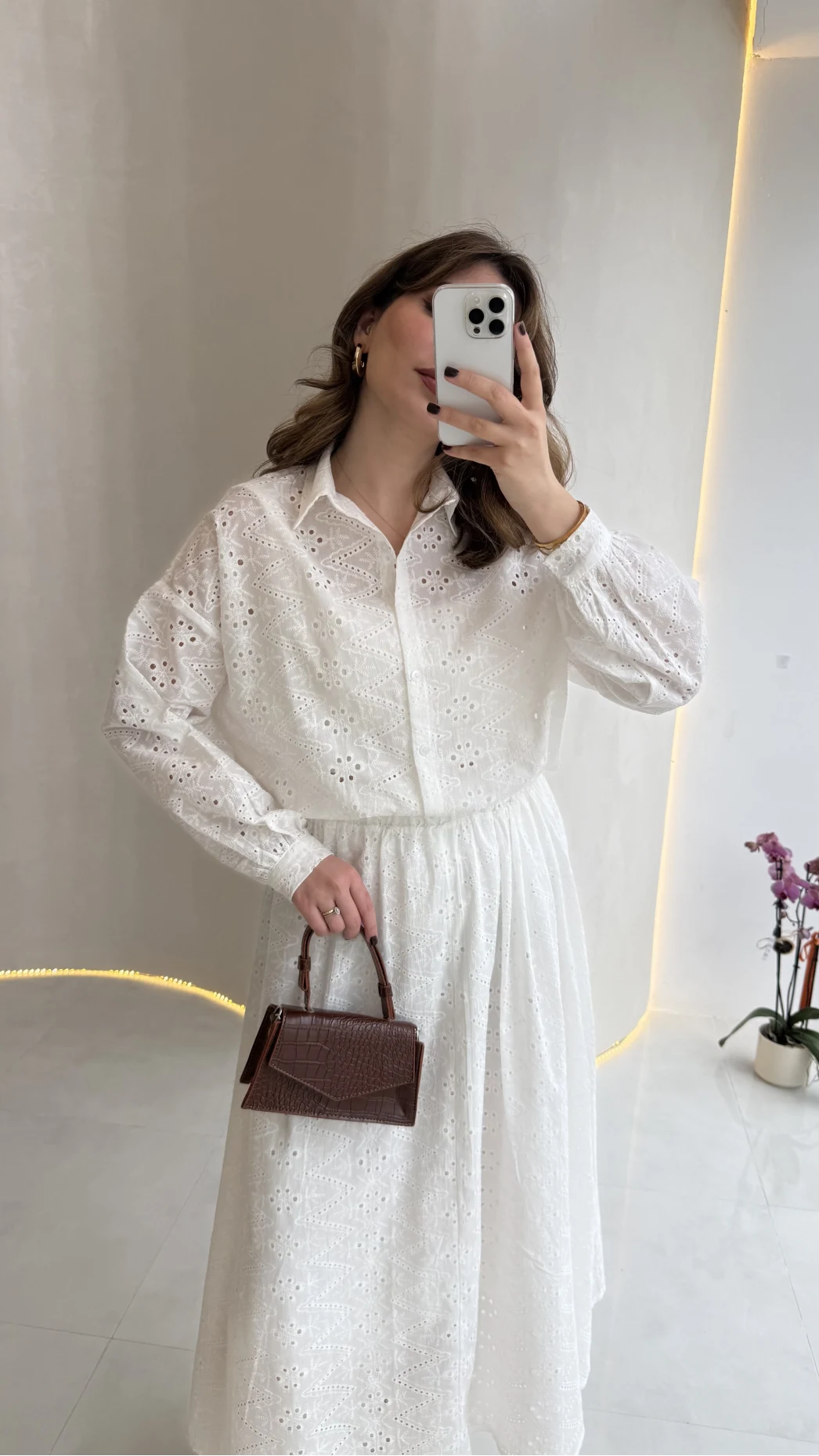 Darwin Brode Detaylı Gömlek-Etek Takım - Beyaz - Kod: 2245 5079