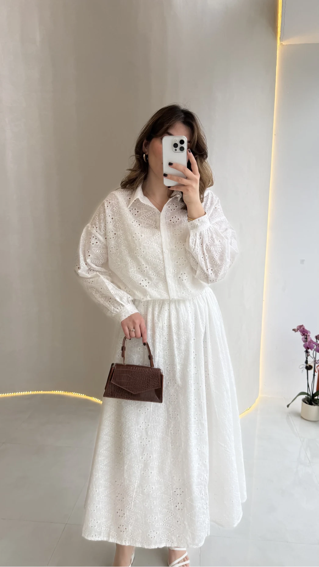 Darwin Brode Detaylı Gömlek-Etek Takım - Beyaz - Kod: 2245 5079