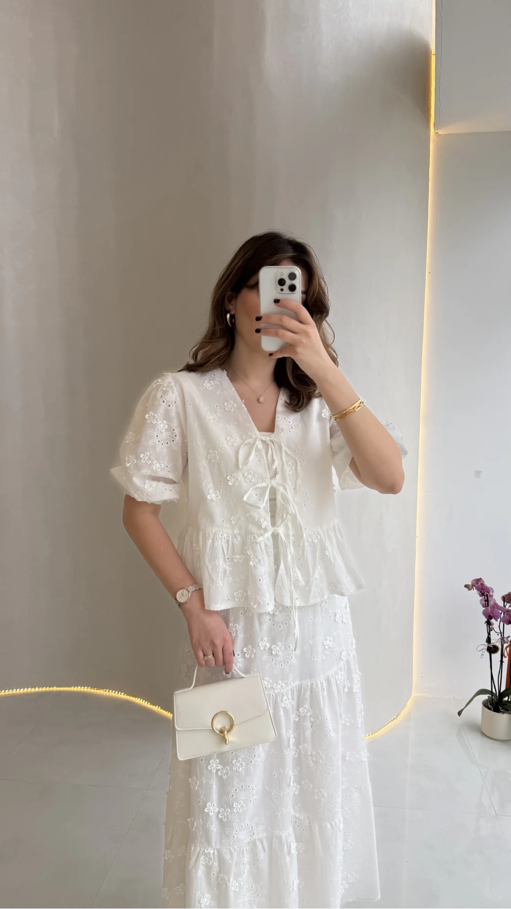 Elena Çiçek Dokulu Brode Detay Bluz Etek Takım - Ekru - Kod: 1072-5067