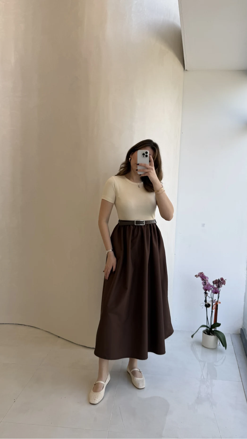 Kısa Kol Beli Lastikli Kemerli Elbise - Kahverengi - Kod: 4113