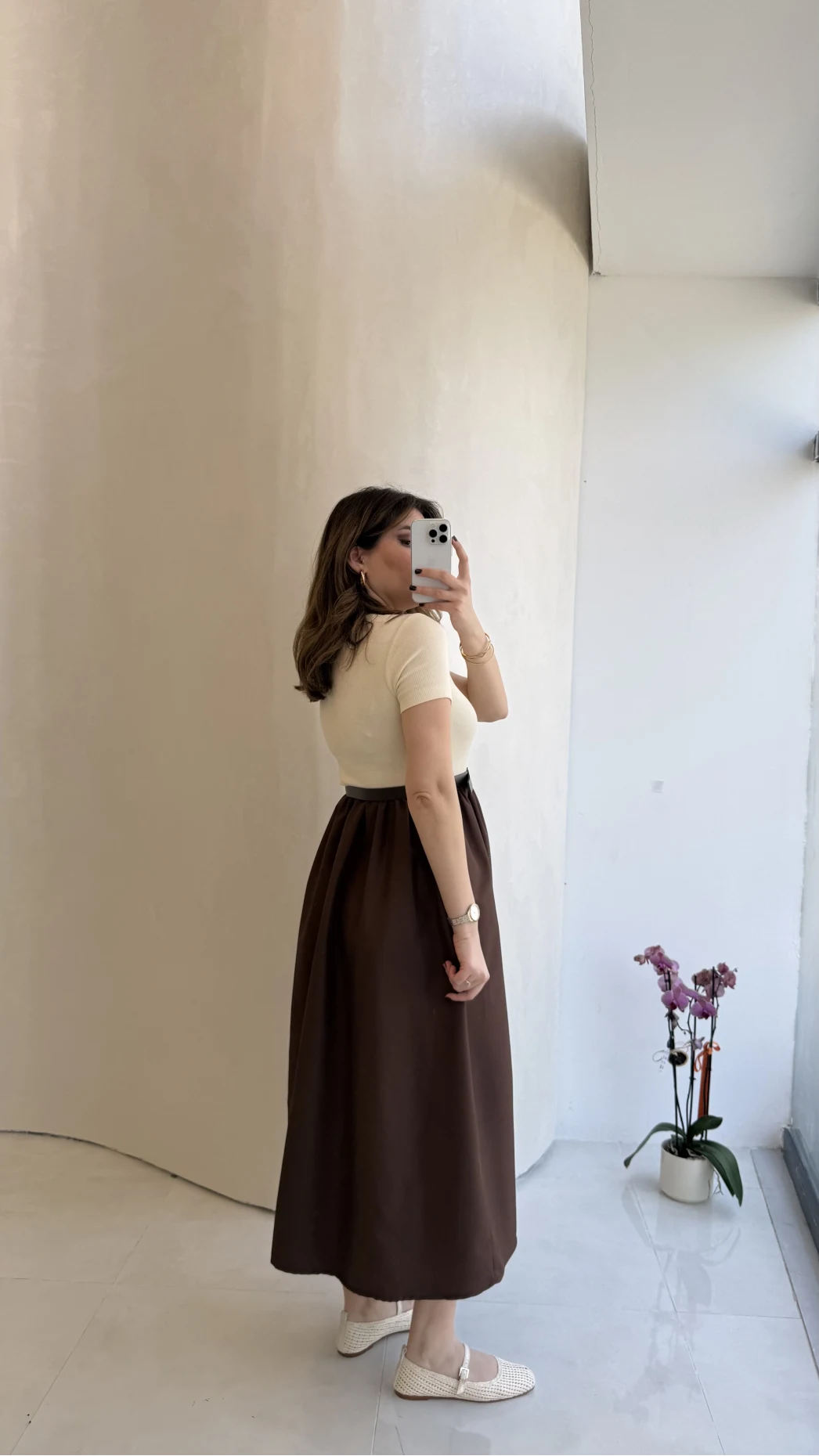 Kısa Kol Beli Lastikli Kemerli Elbise - Kahverengi - Kod: 4113