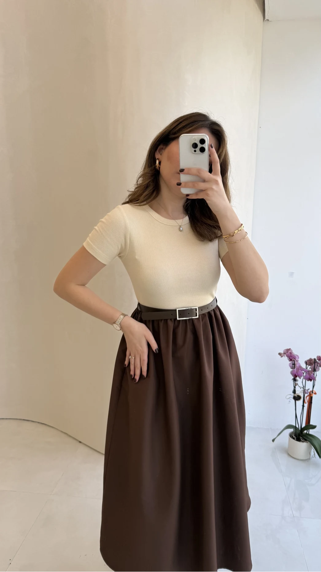 Kısa Kol Beli Lastikli Kemerli Elbise - Kahverengi - Kod: 4113